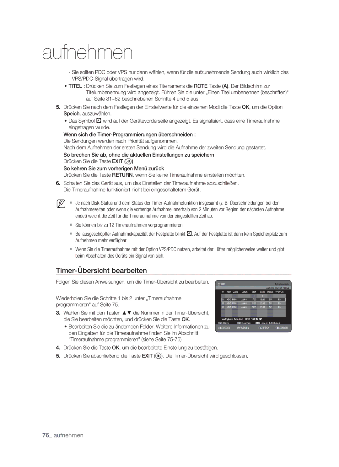 Samsung DVD-HR773/XEN, DVD-HR773/XEB, DVD-HR773/XEG, DVD-HR773/AUS manual Timer-Übersicht bearbeiten 