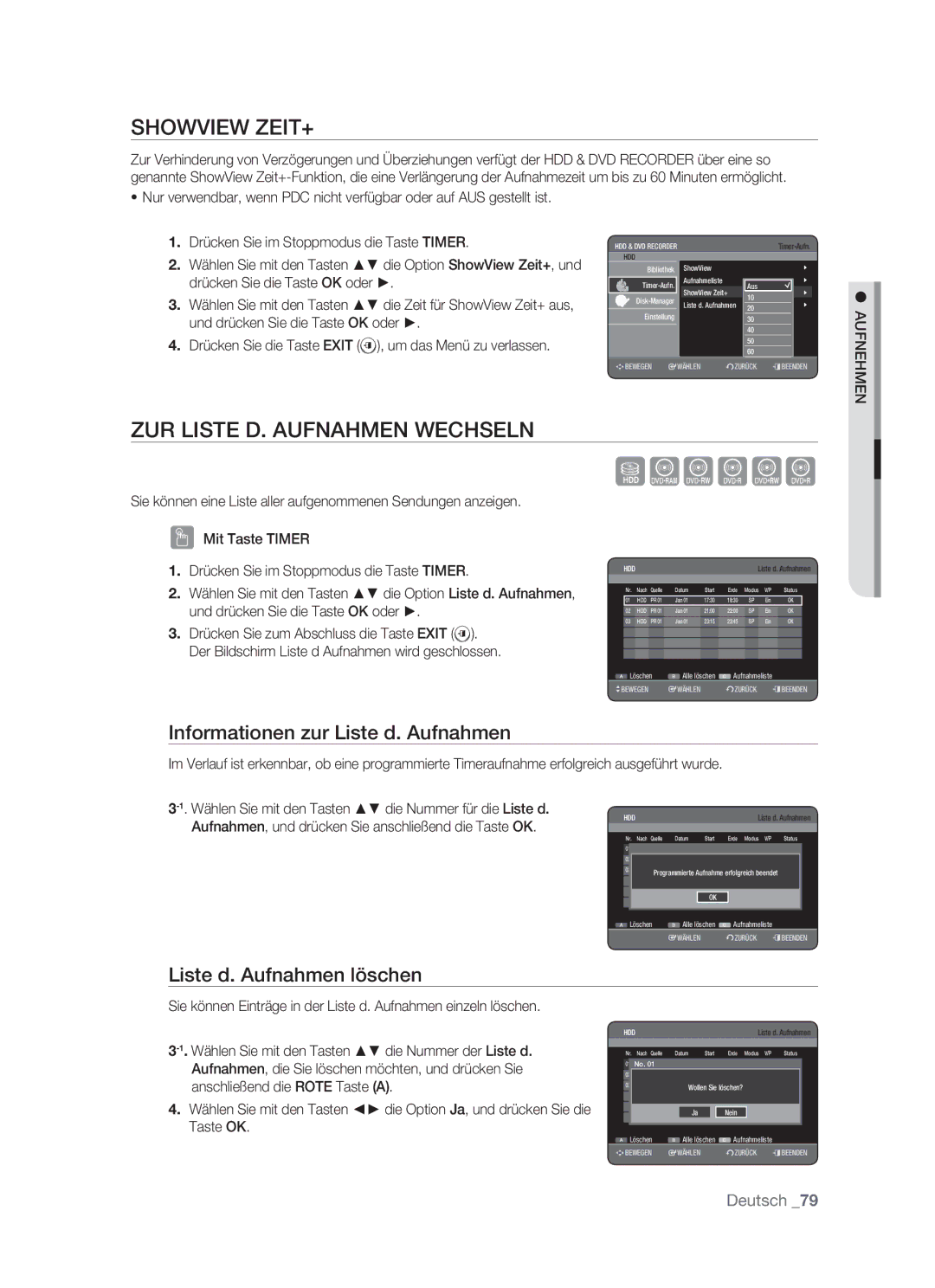 Samsung DVD-HR773/AUS, DVD-HR773/XEN Showview ZEIT+, ZUR Liste D. Aufnahmen Wechseln, Informationen zur Liste d. Aufnahmen 