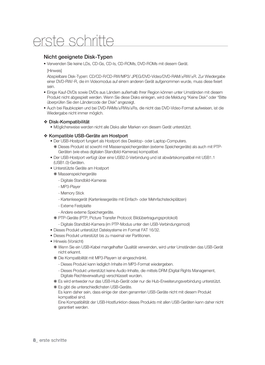 Samsung DVD-HR773/XEN, DVD-HR773/XEB, DVD-HR773/XEG manual Nicht geeignete Disk-Typen, Kompatible USB-Geräte am Hostport 