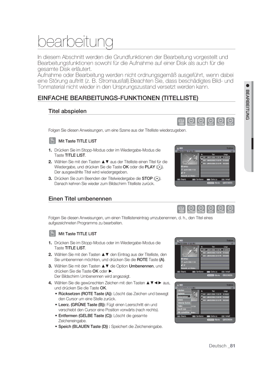 Samsung DVD-HR773/XEB Bearbeitung, Einfache BEARBEITUNGS-FUNKTIONEN Titelliste, Titel abspielen, Einen Titel umbenennen 