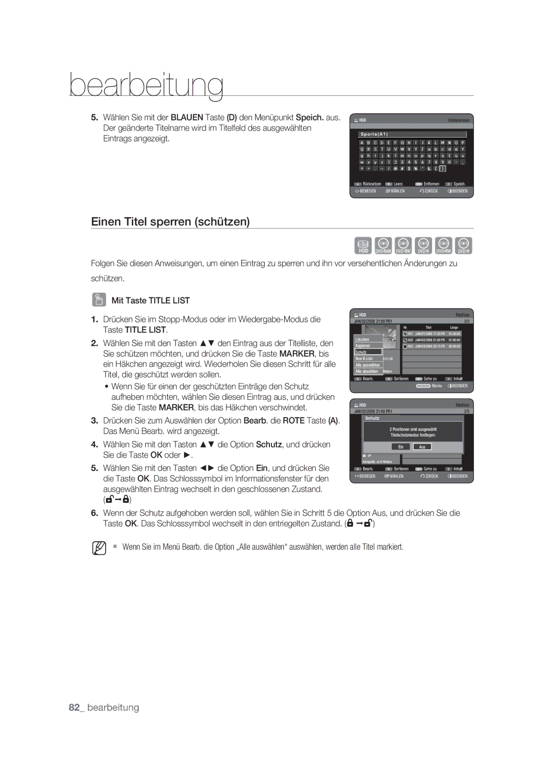 Samsung DVD-HR773/XEG, DVD-HR773/XEN, DVD-HR773/XEB, DVD-HR773/AUS manual Einen Titel sperren schützen, Schutz 