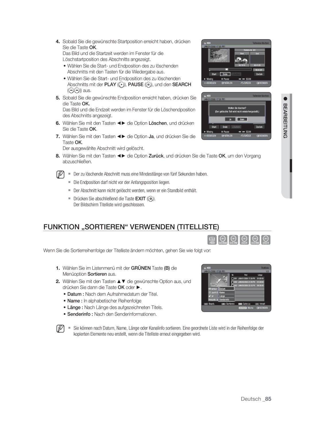 Samsung DVD-HR773/XEB Funktion „SORTIEREN Verwenden Titelliste, Wählen Sie die Start- und Endposition des zu löschenden 