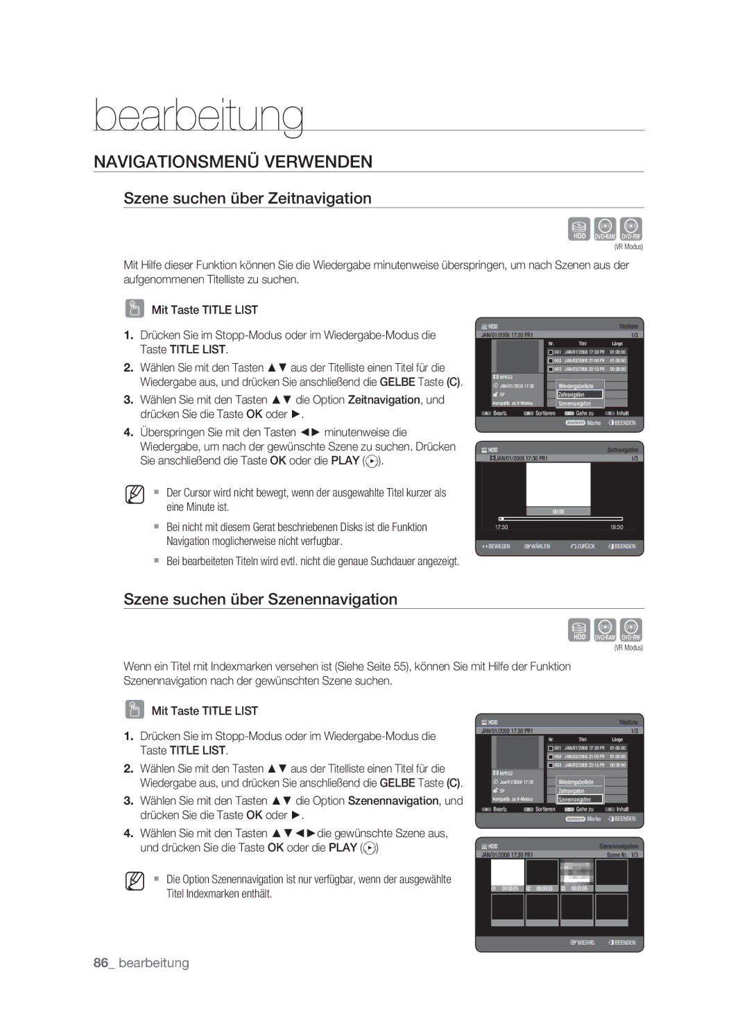 Samsung DVD-HR773/XEG Navigationsmenü Verwenden, Szene suchen über Zeitnavigation, Szene suchen über Szenennavigation 