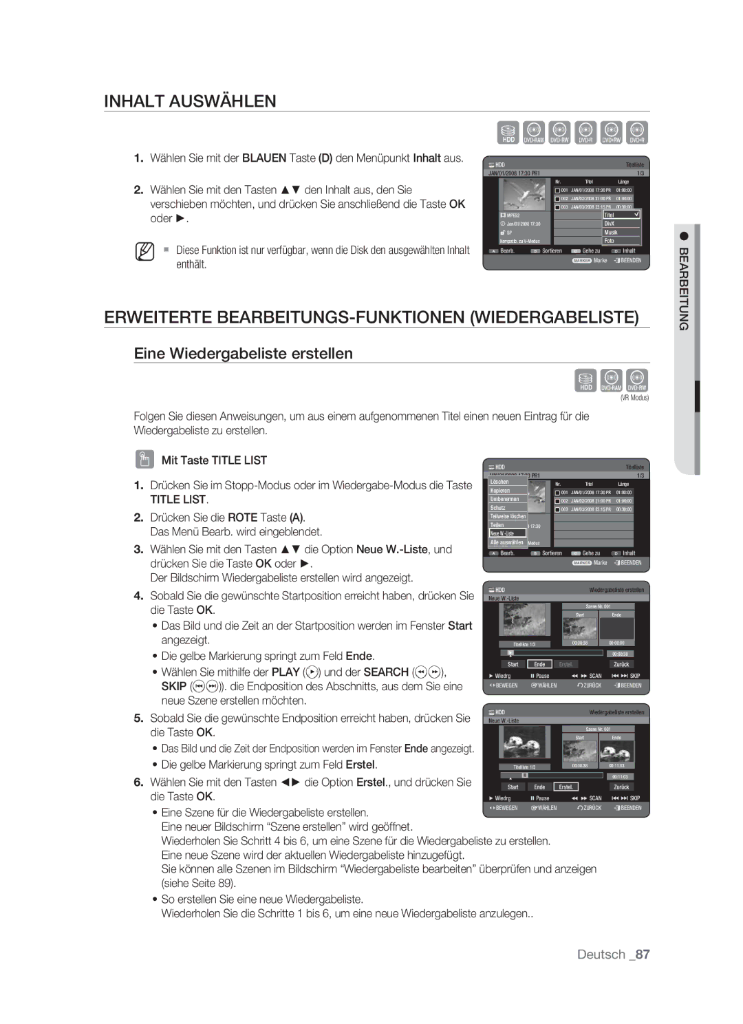 Samsung DVD-HR773/AUS Inhalt Auswählen, Erweiterte BEARBEITUNGS-FUNKTIONEN Wiedergabeliste, Eine Wiedergabeliste erstellen 