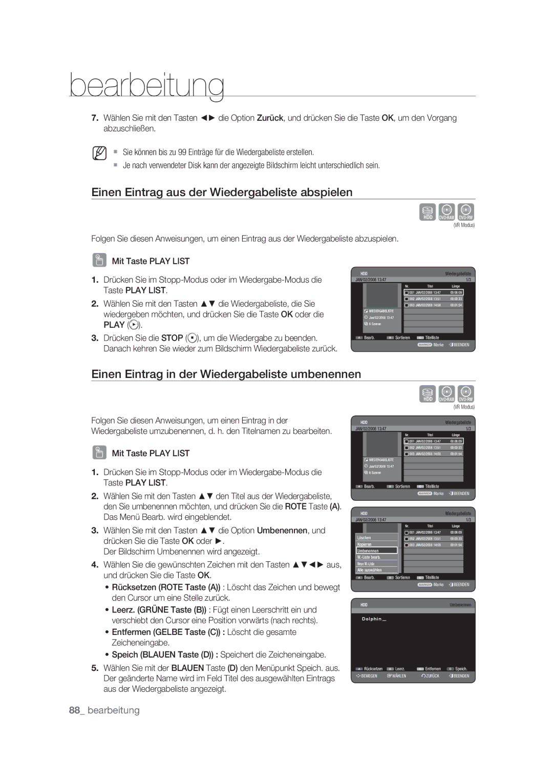 Samsung DVD-HR773/XEN Einen Eintrag aus der Wiedergabeliste abspielen, Einen Eintrag in der Wiedergabeliste umbenennen 