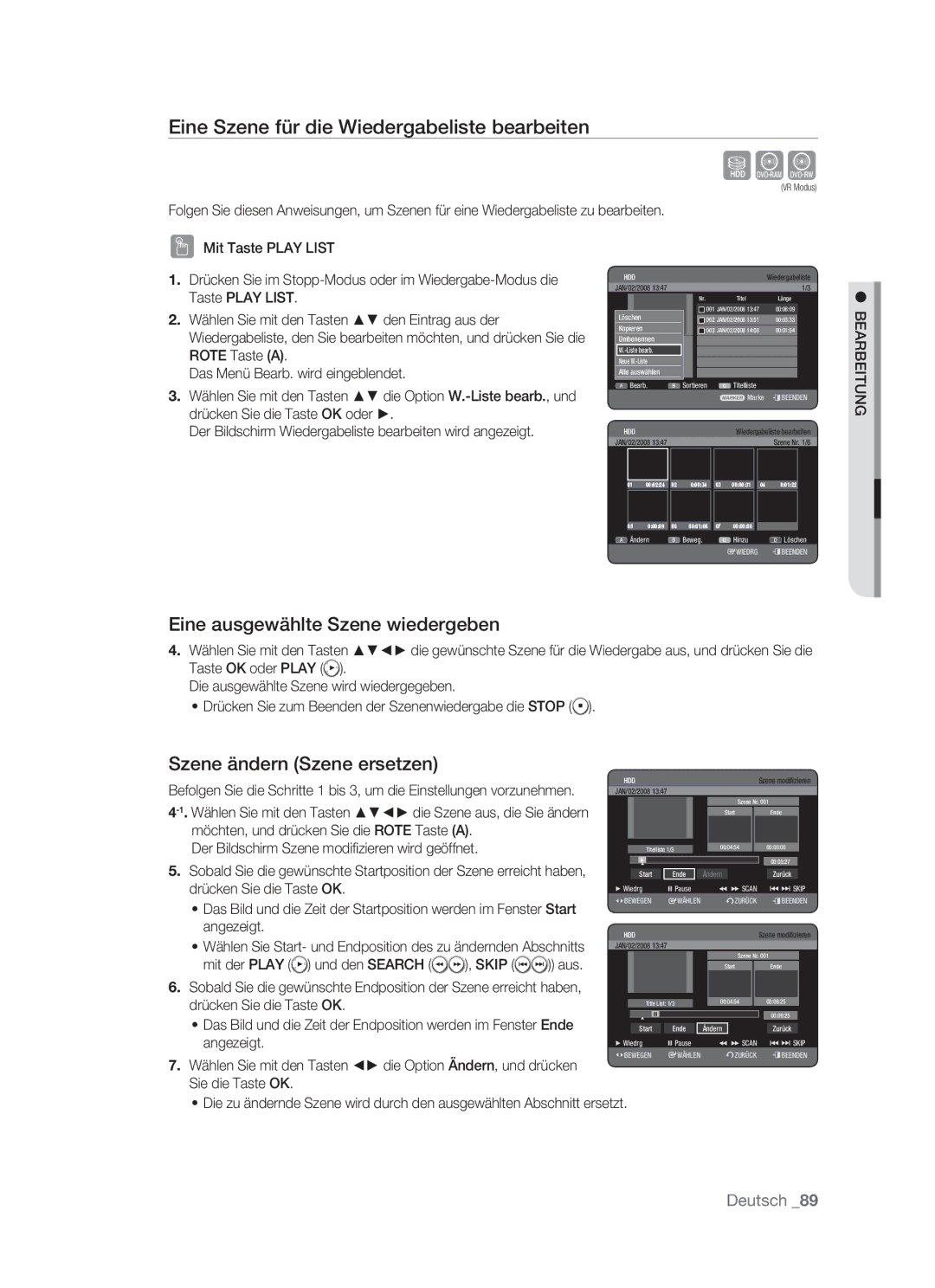 Samsung DVD-HR773/XEB, DVD-HR773/XEN Eine Szene für die Wiedergabeliste bearbeiten, Eine ausgewählte Szene wiedergeben 