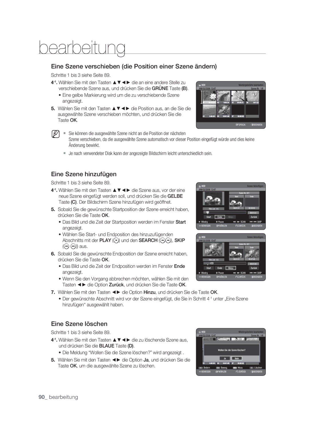 Samsung DVD-HR773/XEG Eine Szene verschieben die Position einer Szene ändern, Eine Szene hinzufügen, Eine Szene löschen 