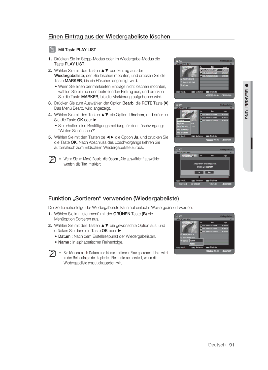 Samsung DVD-HR773/AUS manual Einen Eintrag aus der Wiedergabeliste löschen, Funktion „Sortieren verwenden Wiedergabeliste 