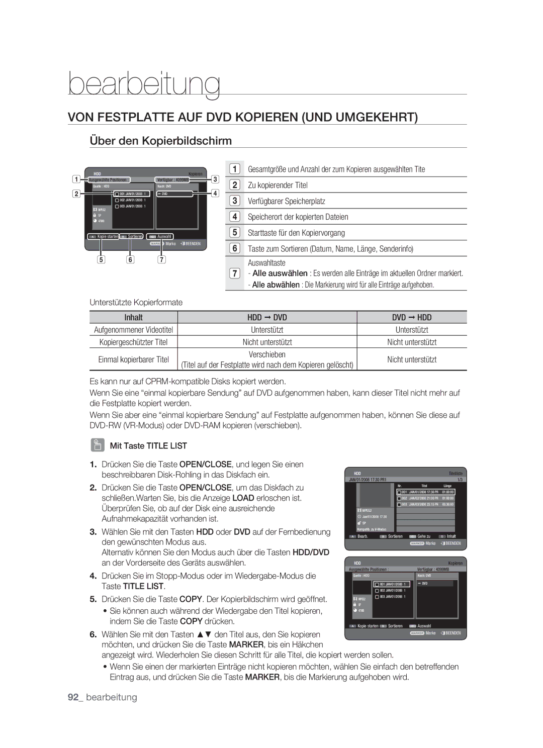 Samsung DVD-HR773/XEN manual VON Festplatte AUF DVD Kopieren UND Umgekehrt, Über den Kopierbildschirm, Hdd Œ Dvd Dvd Œ Hdd 