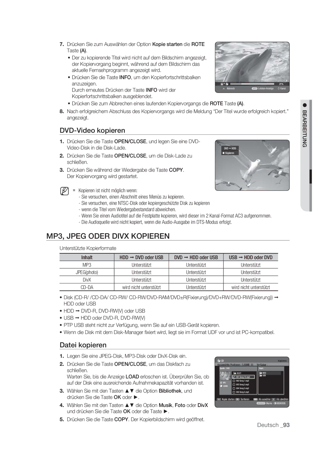 Samsung DVD-HR773/XEB, DVD-HR773/XEN, DVD-HR773/XEG manual MP3, Jpeg Oder Divx Kopieren, DVD-Video kopieren, Datei kopieren 