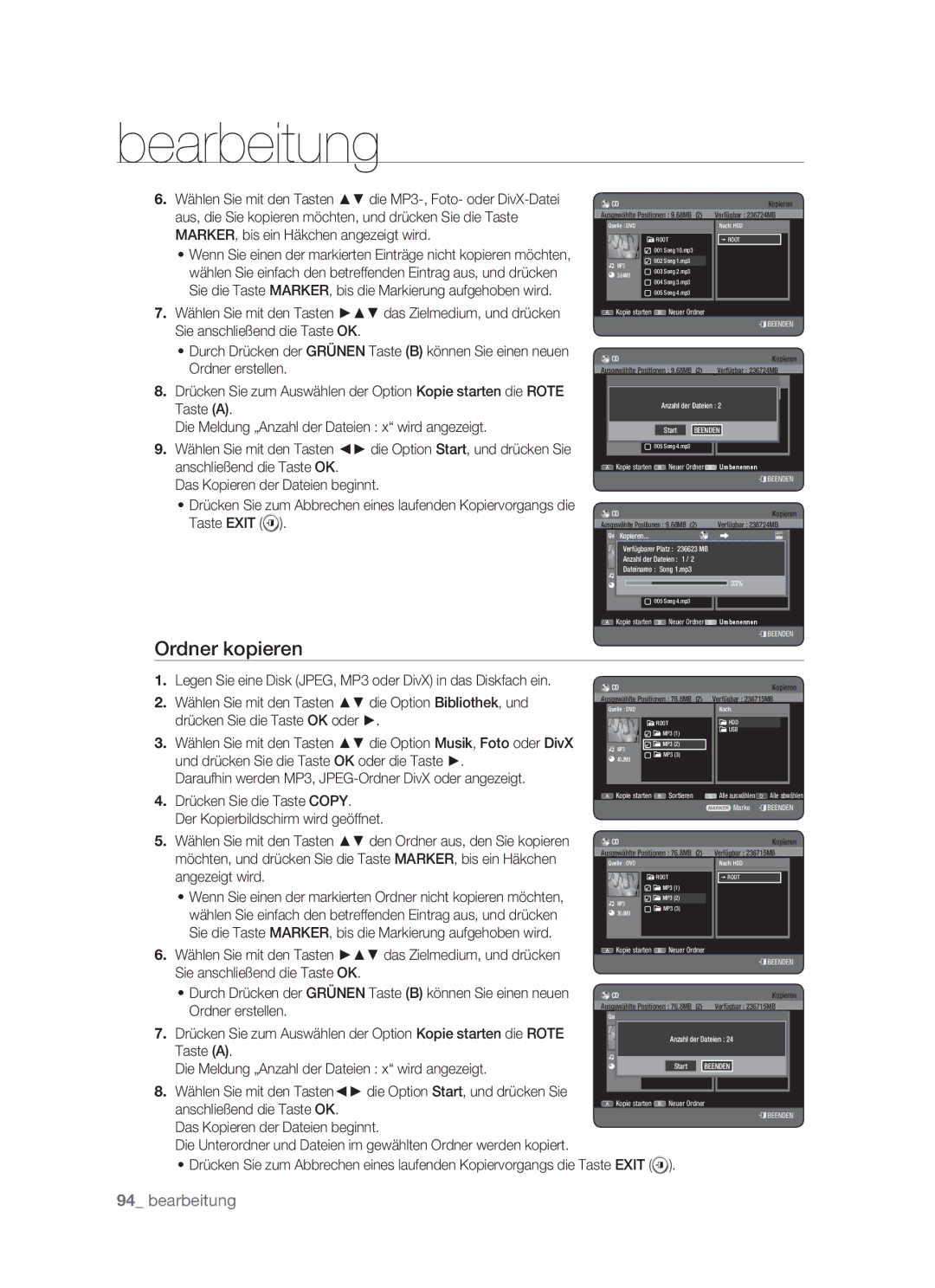 Samsung DVD-HR773/XEG, DVD-HR773/XEN manual Ordner kopieren, Legen Sie eine Disk JPEG, MP3 oder DivX in das Diskfach ein 