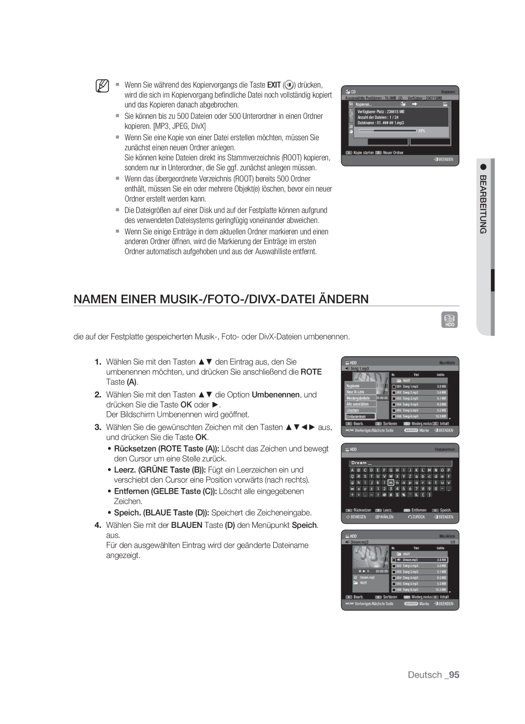 Samsung DVD-HR773/AUS, DVD-HR773/XEN, DVD-HR773/XEB, DVD-HR773/XEG manual Namen Einer MUSIK-/FOTO-/DIVX-DATEI Ändern 