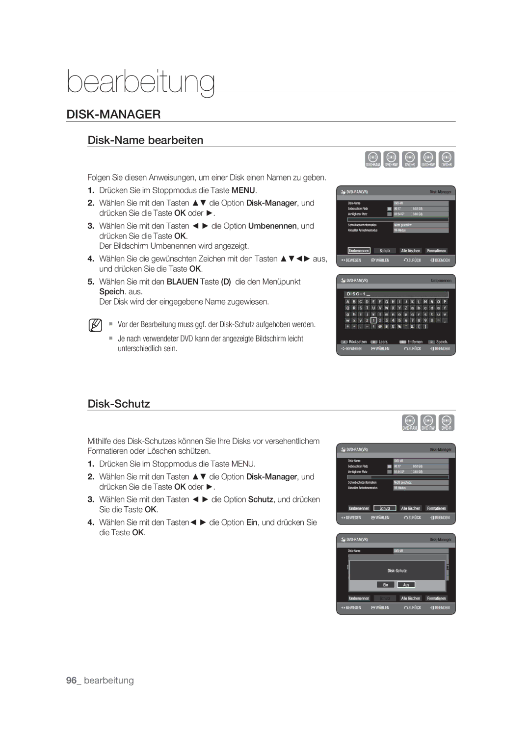 Samsung DVD-HR773/XEN, DVD-HR773/XEB, DVD-HR773/XEG, DVD-HR773/AUS Xcvkl, Disk-Manager, Disk-Name bearbeiten, Disk-Schutz 