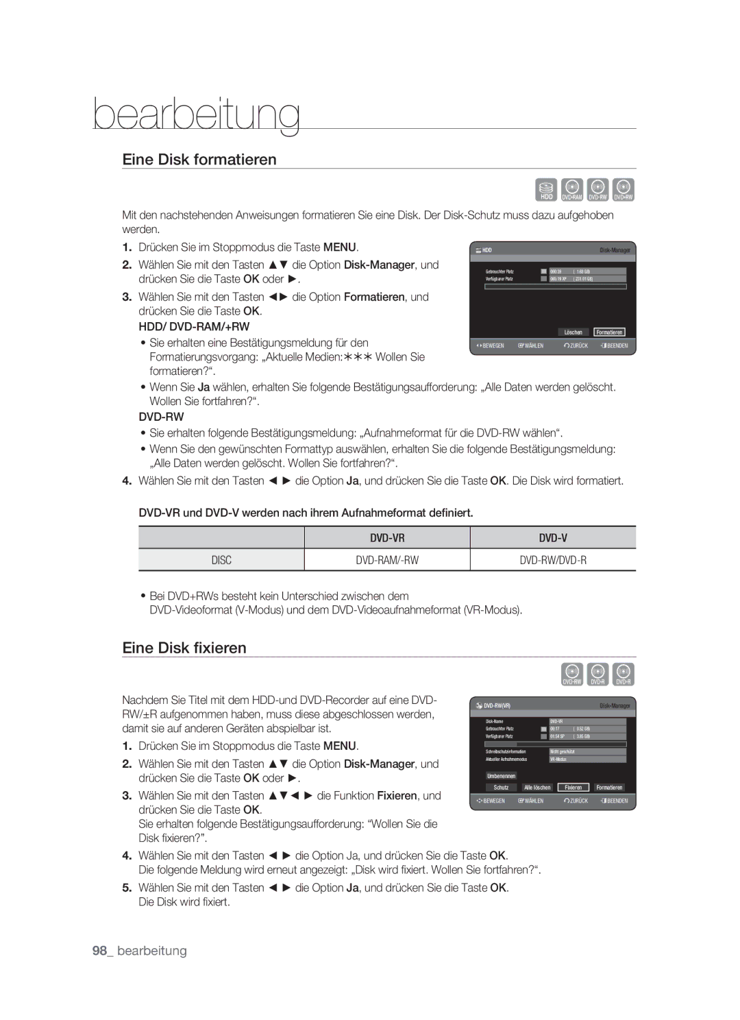 Samsung DVD-HR773/XEG, DVD-HR773/XEN manual Cvl, Eine Disk formatieren, Eine Disk ﬁxieren, Hdd/ Dvd-Ram/+Rw, DVD-VR Disc 