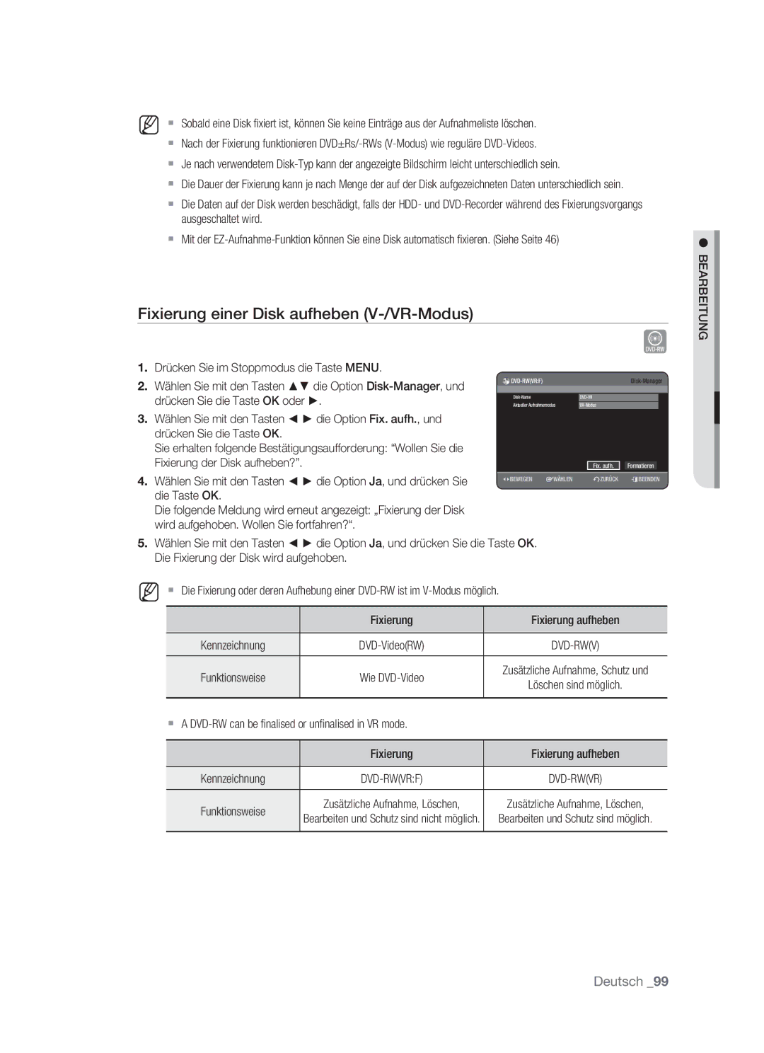 Samsung DVD-HR773/AUS, DVD-HR773/XEN, DVD-HR773/XEB, DVD-HR773/XEG Fixierung einer Disk aufheben V-/VR-Modus, Funktionsweise 