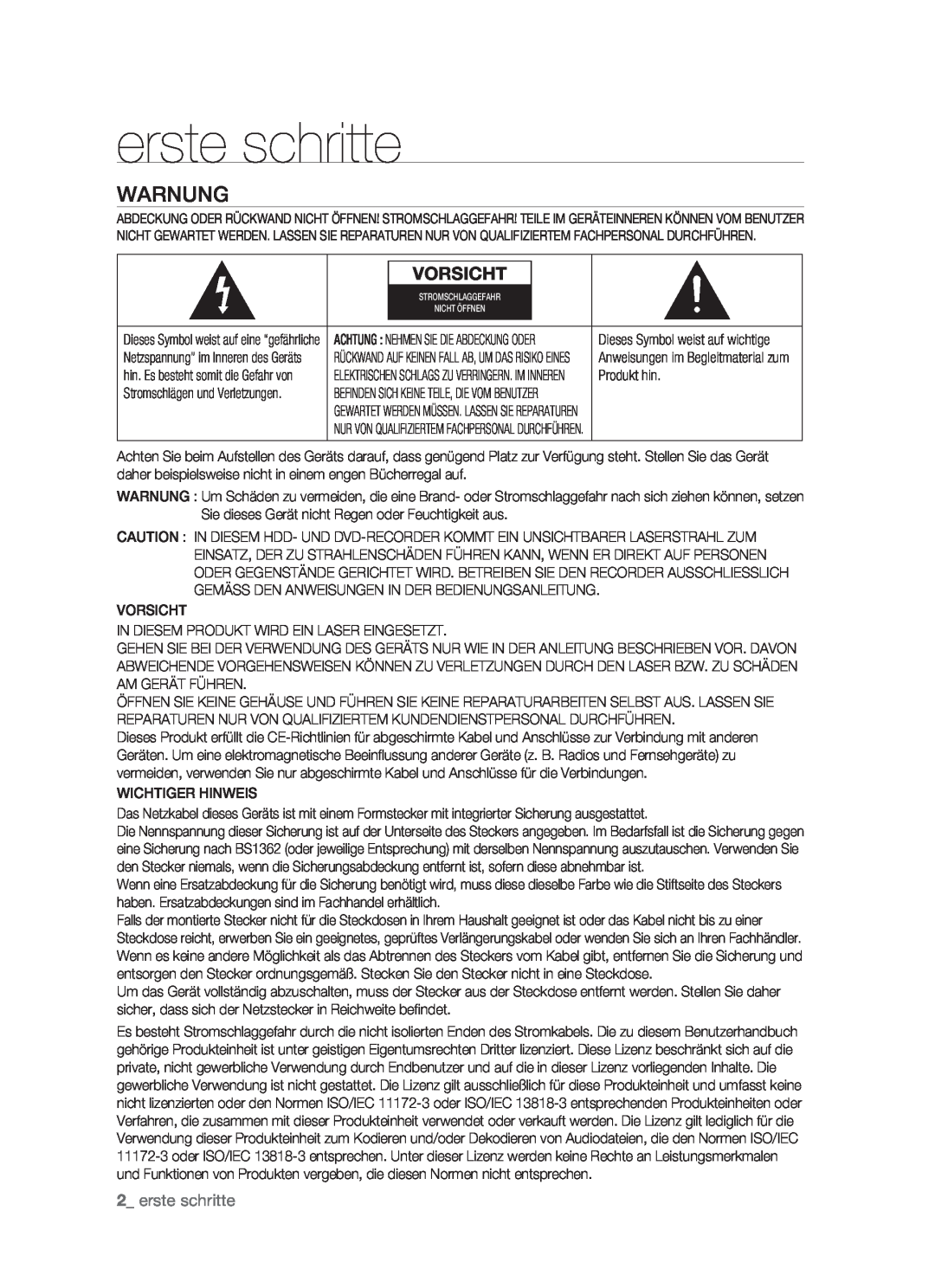 Samsung DVD-HR773/XEG, DVD-HR773/XEN, DVD-HR773/XEB, DVD-HR773/AUS manual erste schritte, Warnung, Vorsicht 