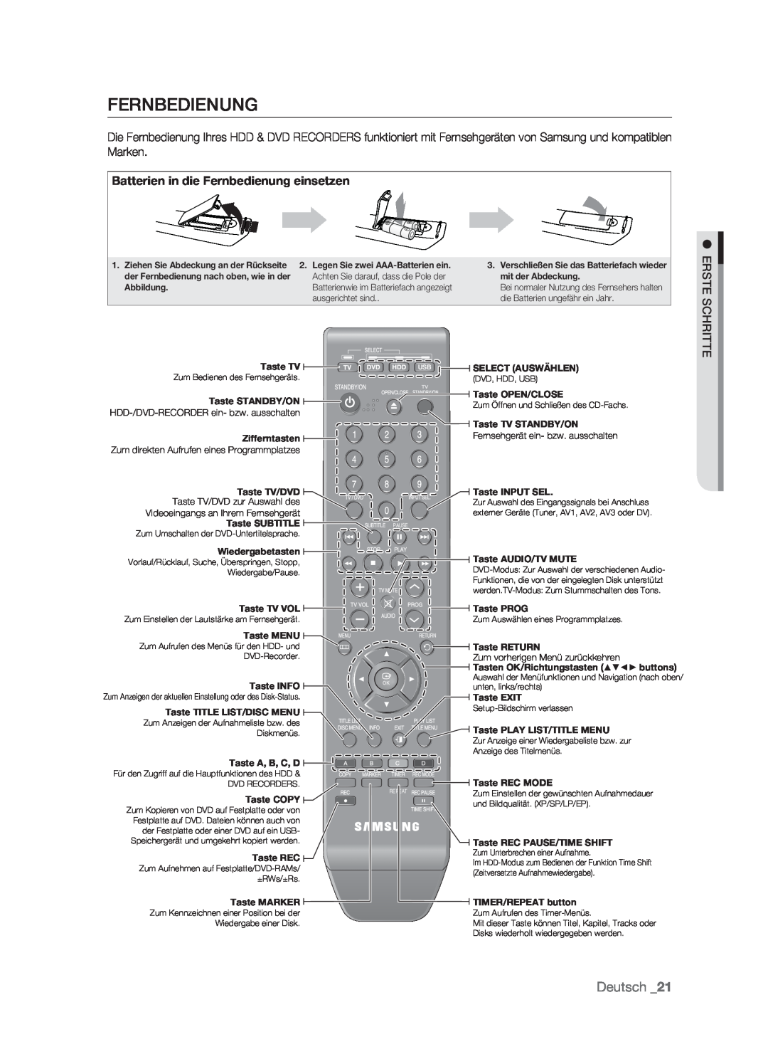 Samsung DVD-HR773/XEB, DVD-HR773/XEN, DVD-HR773/XEG, DVD-HR773/AUS Batterien in die Fernbedienung einsetzen, Deutsch 