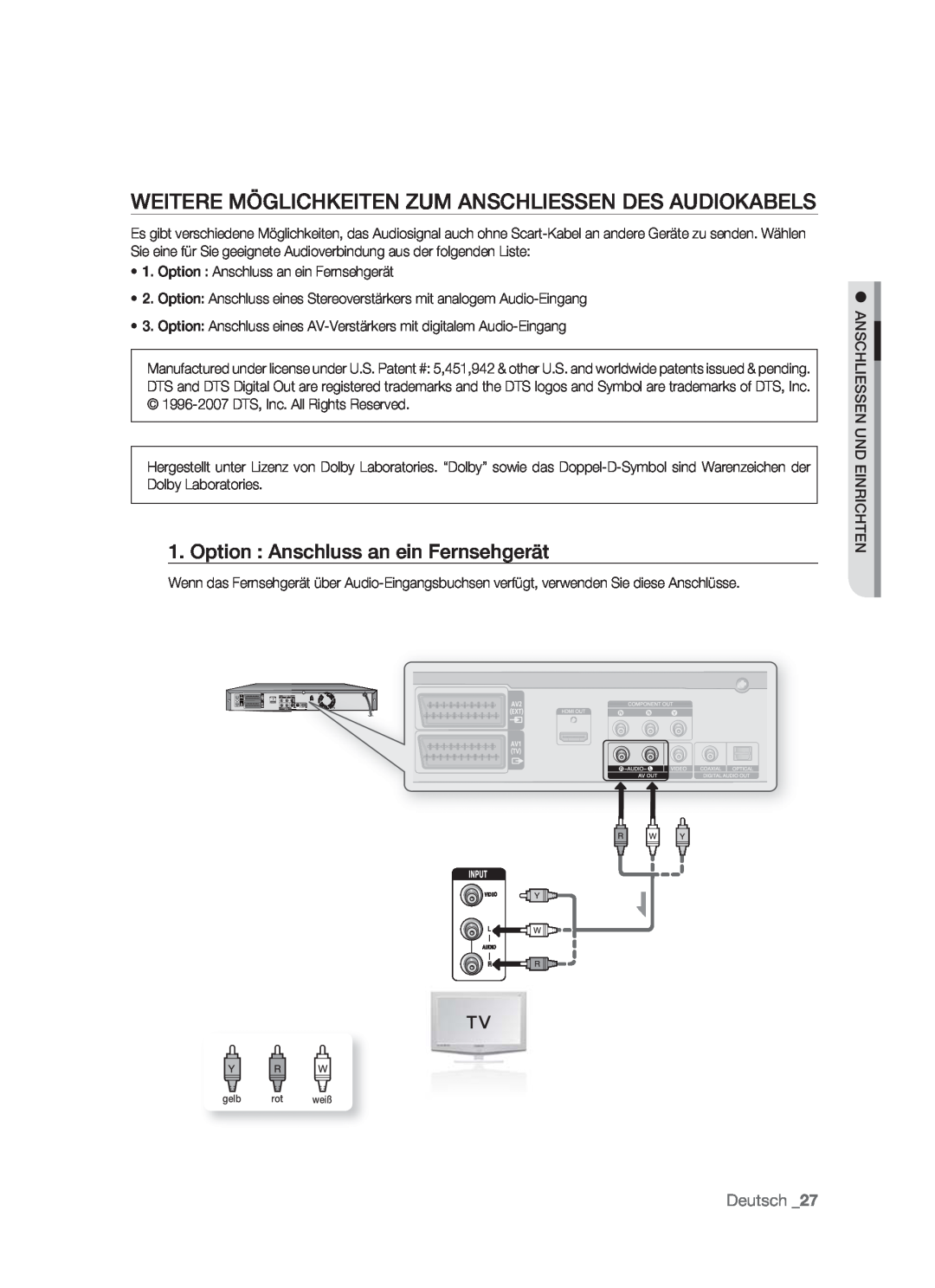Samsung DVD-HR773/AUS manual Weitere Möglichkeiten Zum Anschliessen Des Audiokabels, Option Anschluss an ein Fernsehgerät 