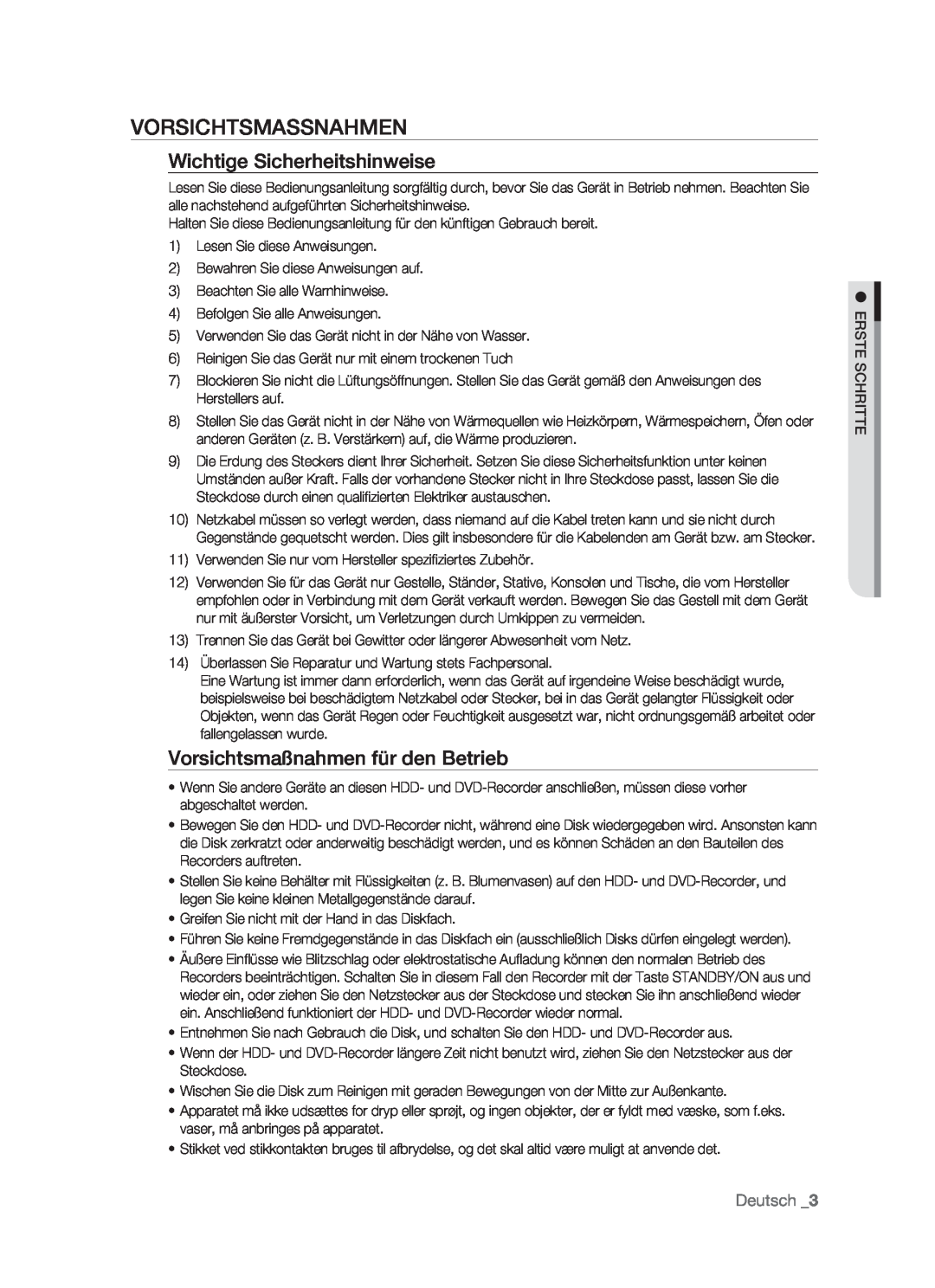 Samsung DVD-HR773/AUS manual Vorsichtsmassnahmen, Wichtige Sicherheitshinweise, Vorsichtsmaßnahmen für den Betrieb, Deutsch 
