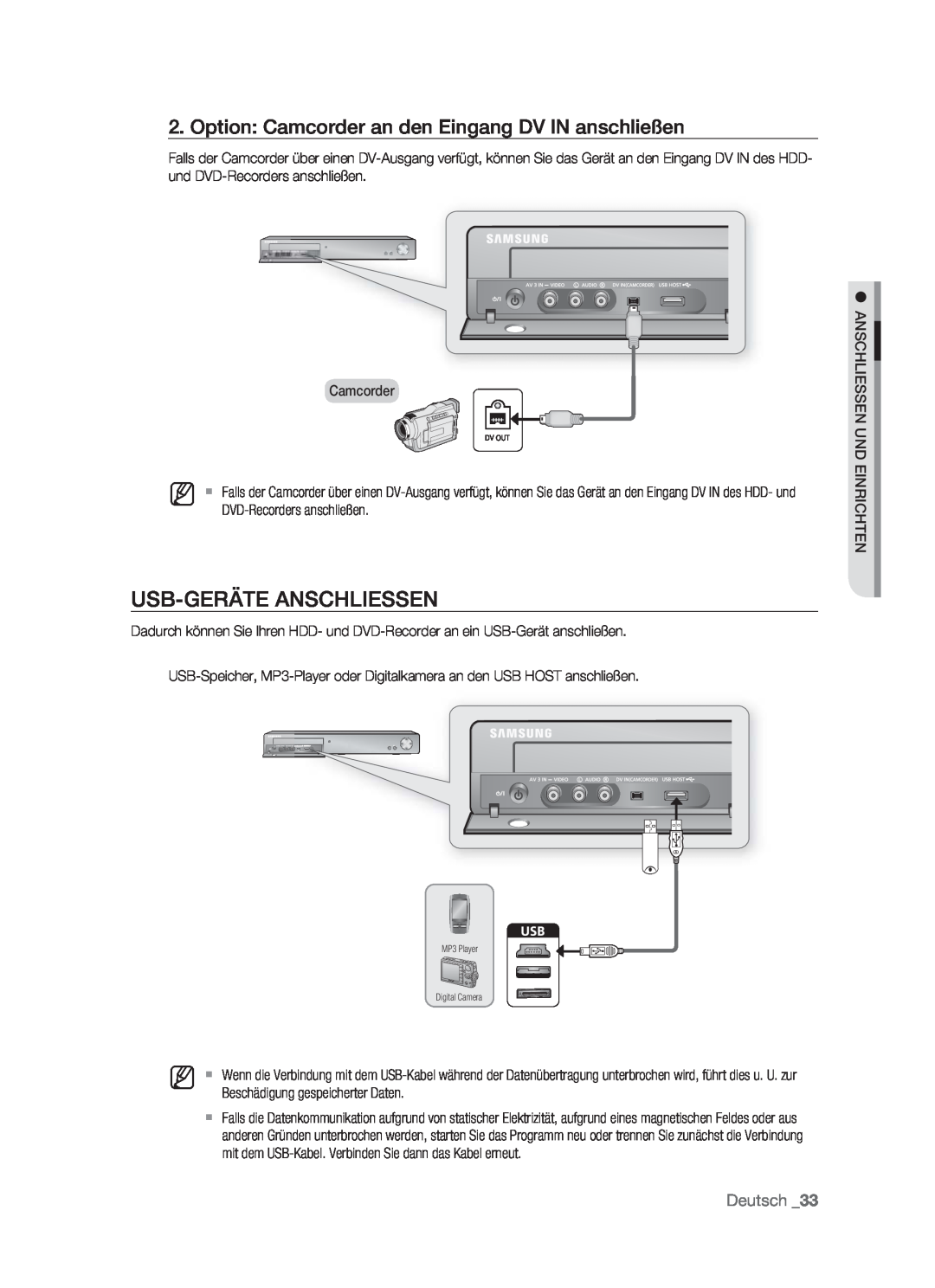 Samsung DVD-HR773/XEB manual Usb-Geräte Anschliessen, Option Camcorder an den Eingang DV IN anschließen, M  , Deutsch 