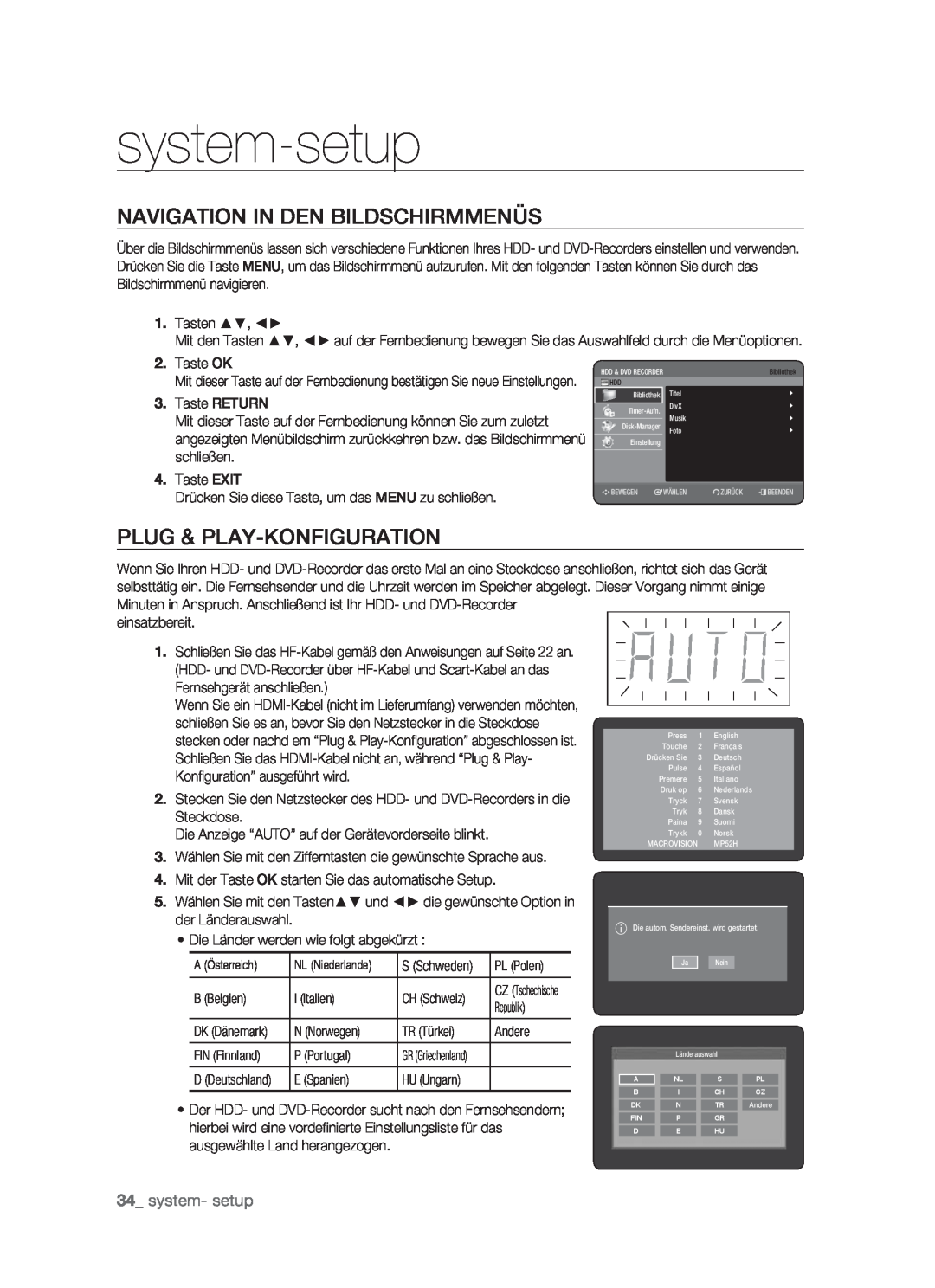 Samsung DVD-HR773/XEG manual system-setup, Navigation In Den Bildschirmmenüs, Plug & Play-Konfiguration, system- setup 