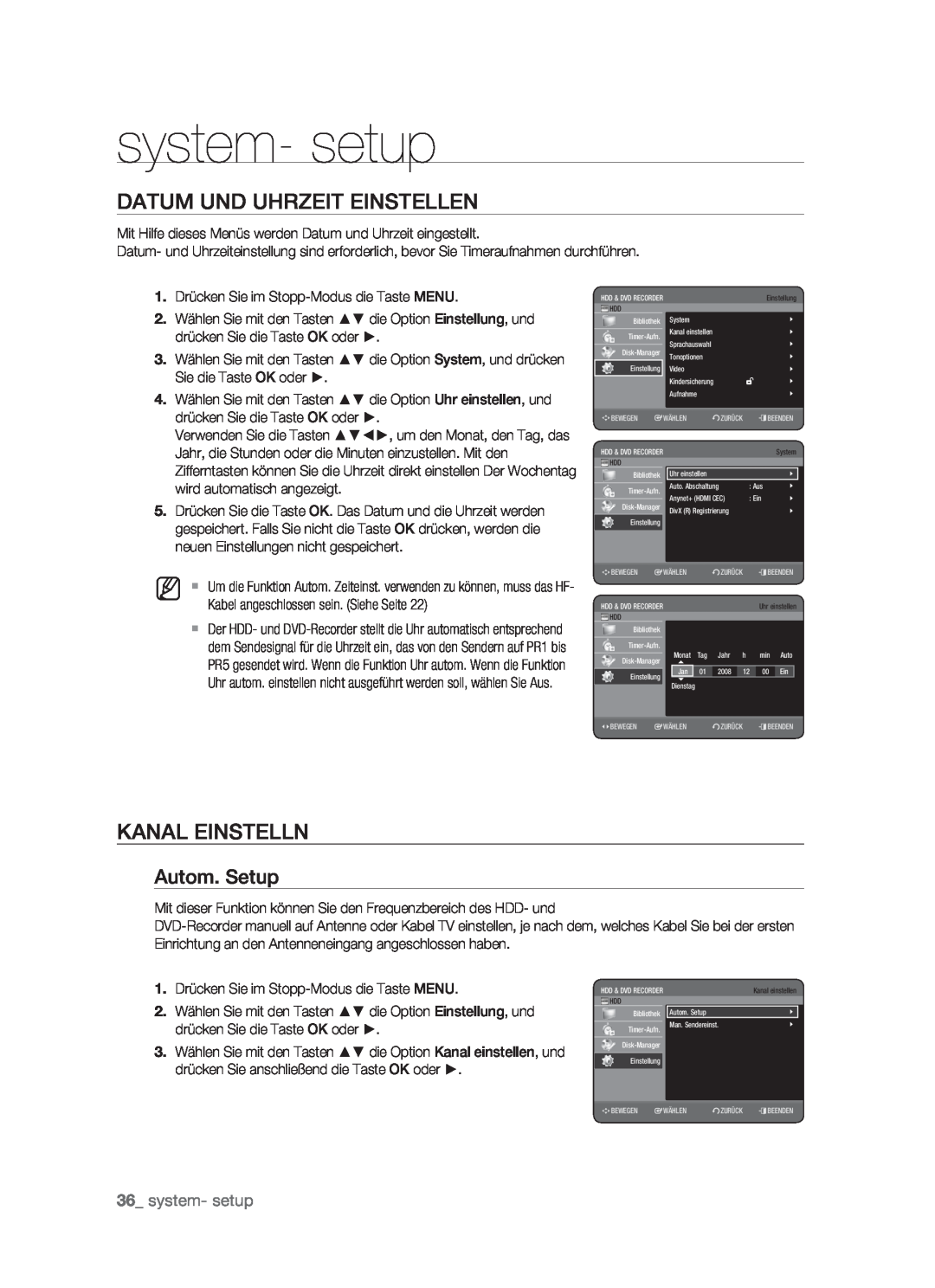 Samsung DVD-HR773/XEN, DVD-HR773/XEB system- setup, Datum Und Uhrzeit Einstellen, Kanal Einstelln, Autom. Setup, M   