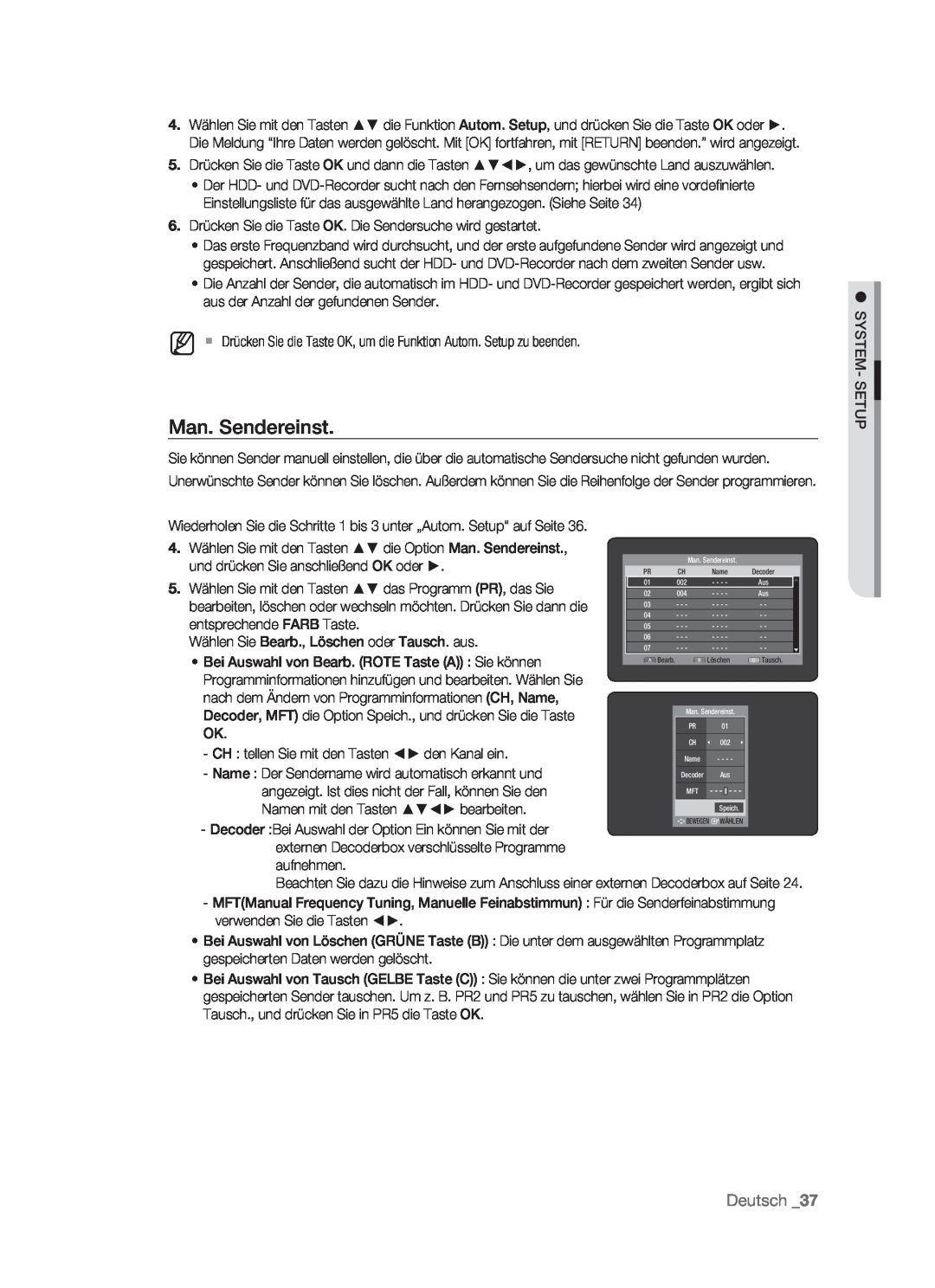 Samsung DVD-HR773/XEB, DVD-HR773/XEN, DVD-HR773/XEG, DVD-HR773/AUS manual Man. Sendereinst, Deutsch 