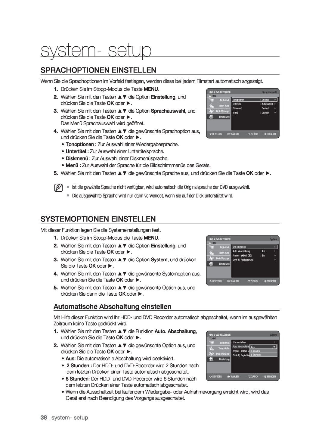 Samsung DVD-HR773/XEG manual Sprachoptionen Einstellen, Systemoptionen Einstellen, Automatische Abschaltung einstellen 