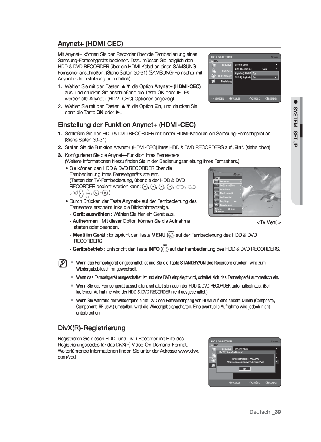 Samsung DVD-HR773/AUS manual Anynet+ HDMI CEC, Einstellung der Funktion Anynet+ HDMI-CEC, DivXR-Registrierung, Deutsch 