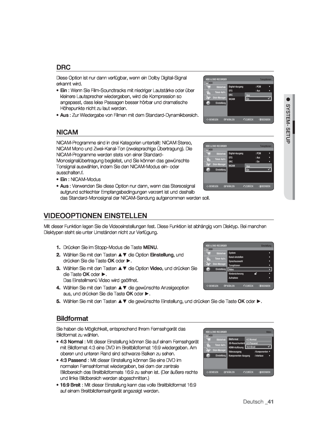 Samsung DVD-HR773/XEB, DVD-HR773/XEN, DVD-HR773/XEG, DVD-HR773/AUS manual Videooptionen Einstellen, Nicam, Bildformat, Deutsch 