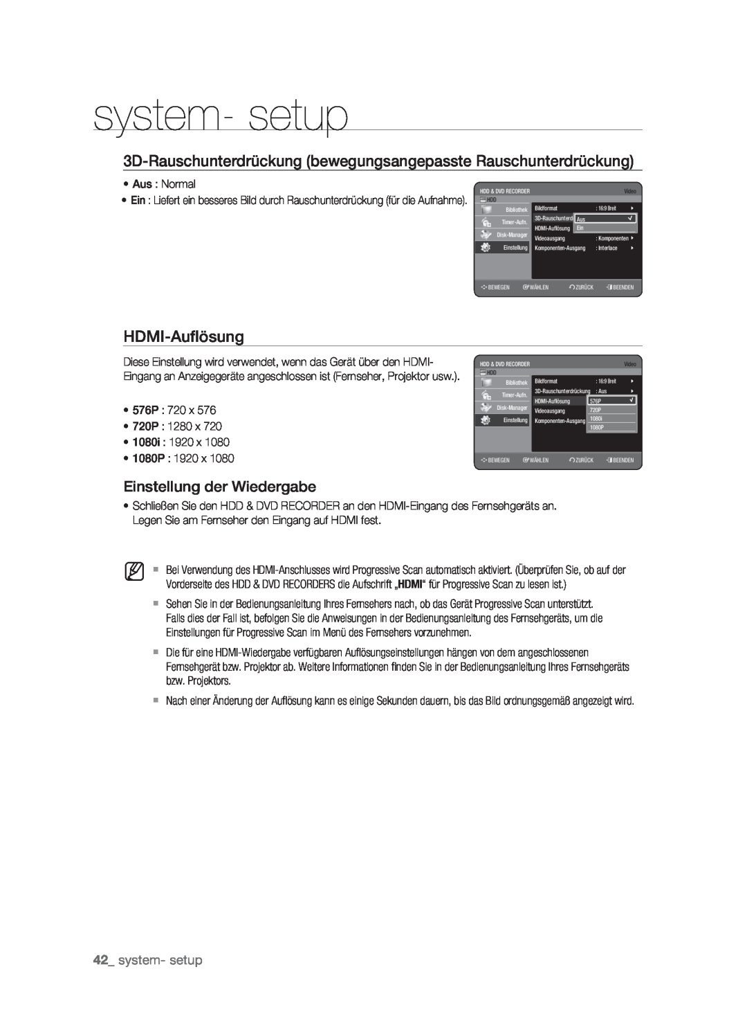 Samsung DVD-HR773/XEG manual 3D-Rauschunterdrückung bewegungsangepasste Rauschunterdrückung, HDMI-Auﬂösung, system- setup 