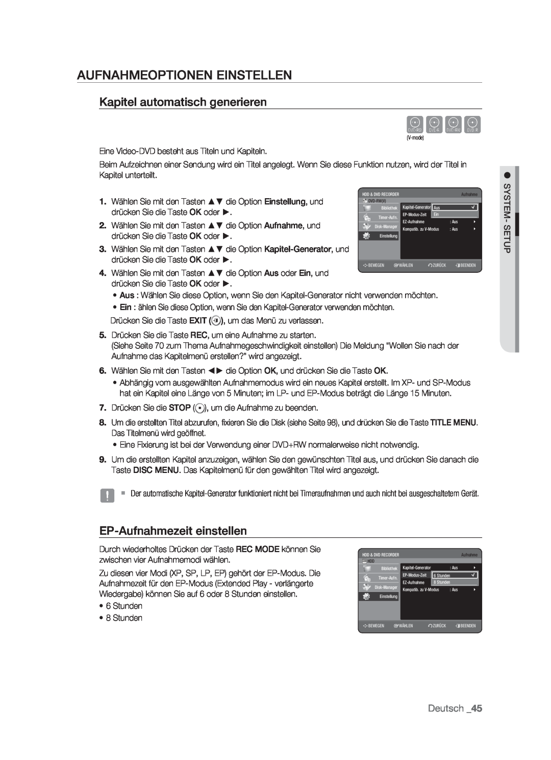 Samsung DVD-HR773/XEB manual Cvkl, Aufnahmeoptionen Einstellen, Kapitel automatisch generieren, EP-Aufnahmezeit einstellen 