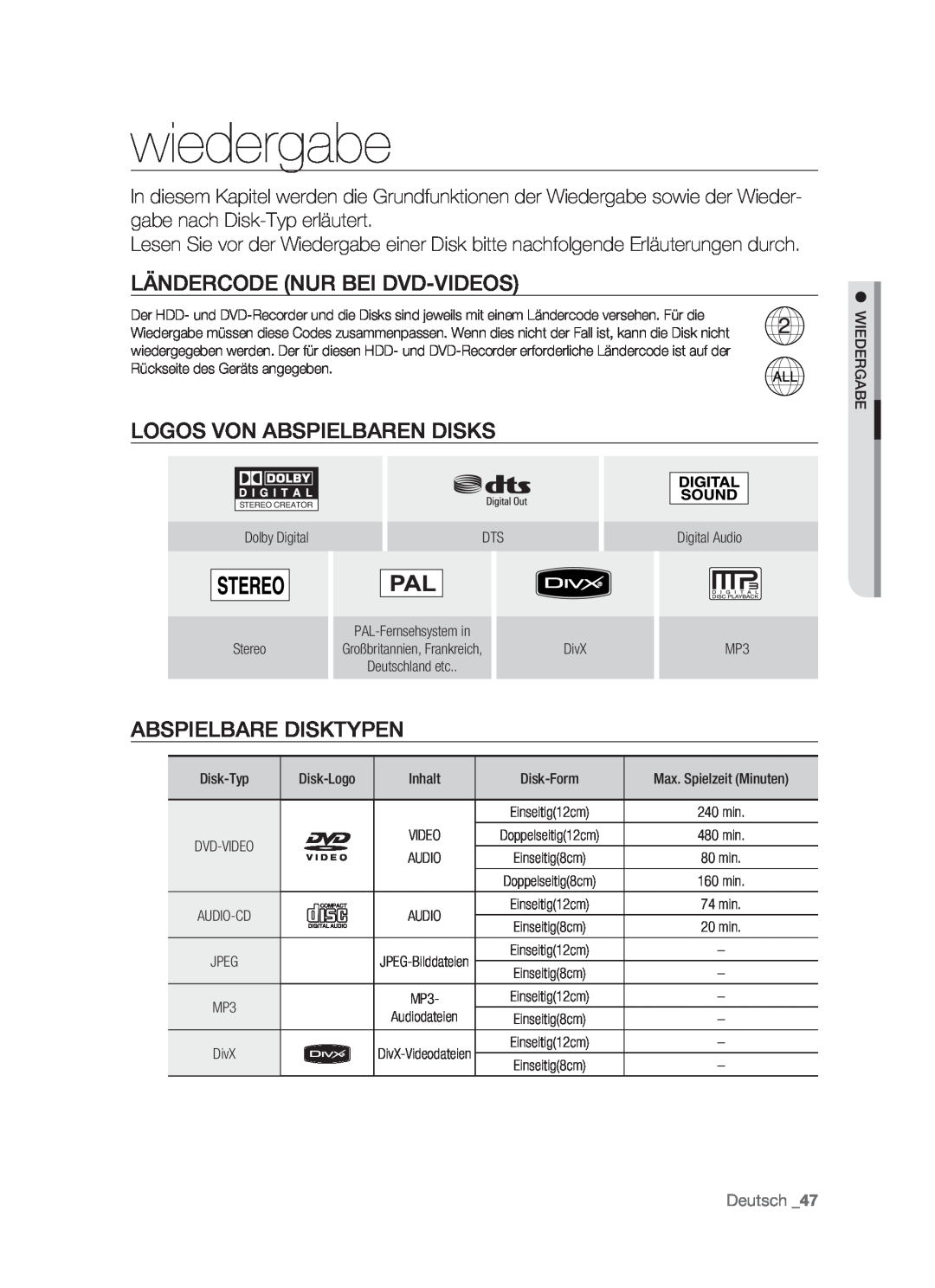 Samsung DVD-HR773/AUS manual wiedergabe, Ländercode Nur Bei Dvd-Videos, Logos Von Abspielbaren Disks, Abspielbare Disktypen 