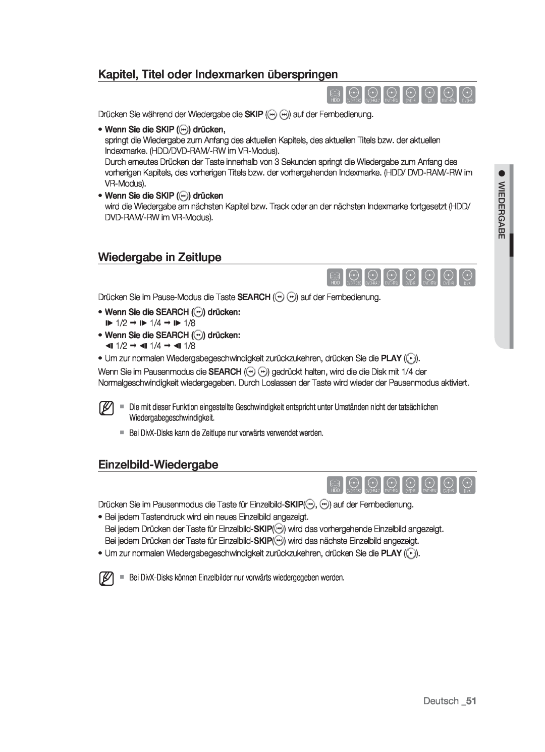 Samsung DVD-HR773/AUS Kapitel, Titel oder Indexmarken überspringen, Wiedergabe in Zeitlupe, Einzelbild-Wiedergabe, Deutsch 