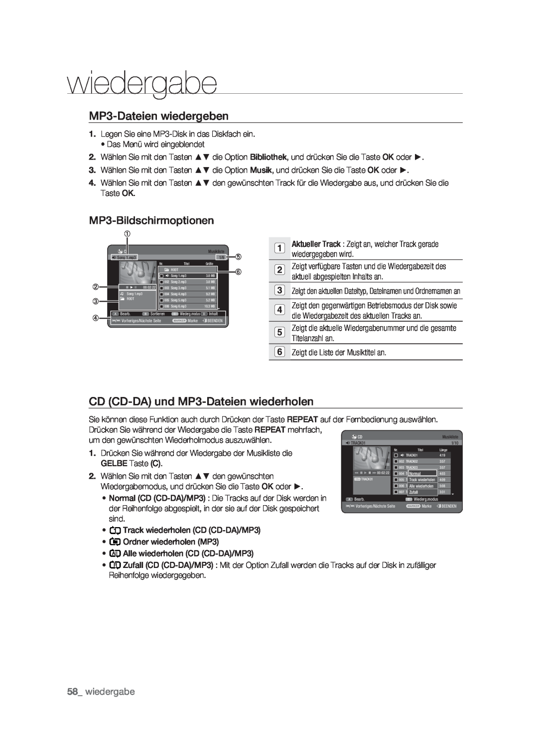 Samsung DVD-HR773/XEG MP3-Dateien wiedergeben, MP3-Bildschirmoptionen, CD CD-DA und MP3-Dateien wiederholen, wiedergabe 
