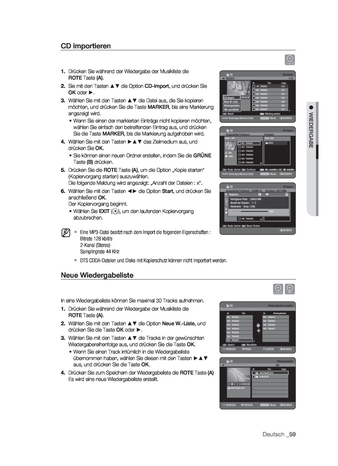 Samsung DVD-HR773/AUS, DVD-HR773/XEN, DVD-HR773/XEB, DVD-HR773/XEG manual CD importieren, Neue Wiedergabeliste, Deutsch 