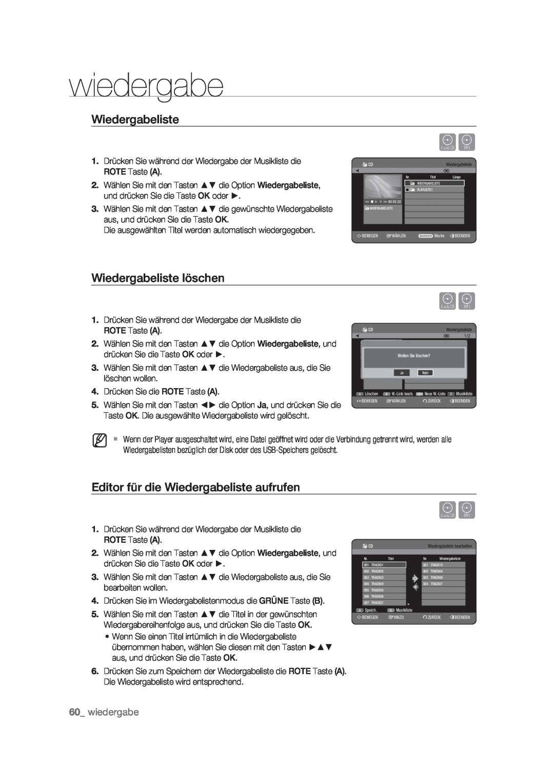 Samsung DVD-HR773/XEN, DVD-HR773/XEB manual Wiedergabeliste löschen, Editor für die Wiedergabeliste aufrufen, wiedergabe 