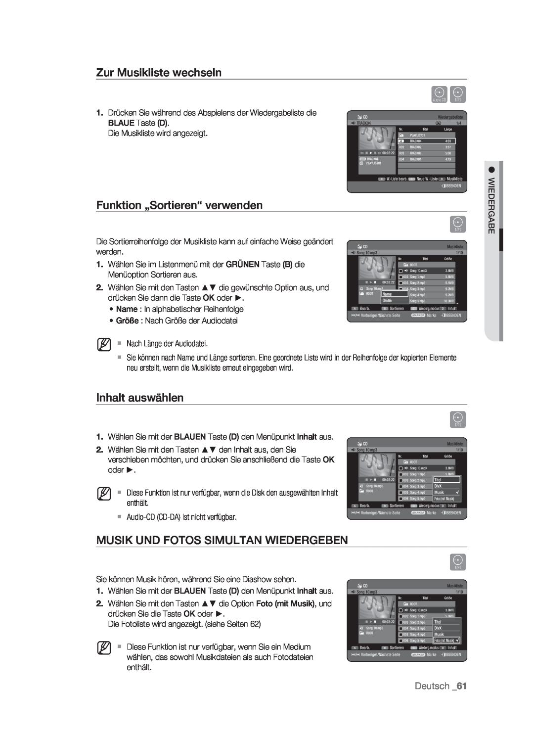 Samsung DVD-HR773/XEB, DVD-HR773/XEN Zur Musikliste wechseln, Funktion „Sortieren“ verwenden, Inhalt auswählen, Deutsch 