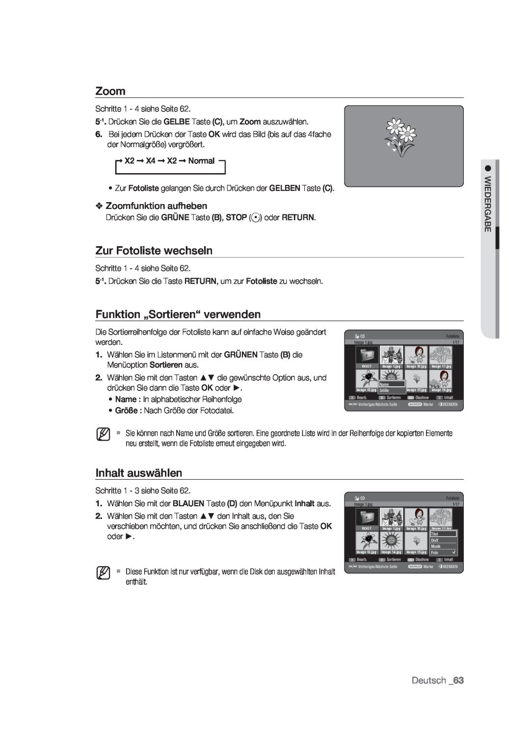 Samsung DVD-HR773/AUS Zur Fotoliste wechseln, Zoomfunktion aufheben, Funktion „Sortieren“ verwenden, Inhalt auswählen 
