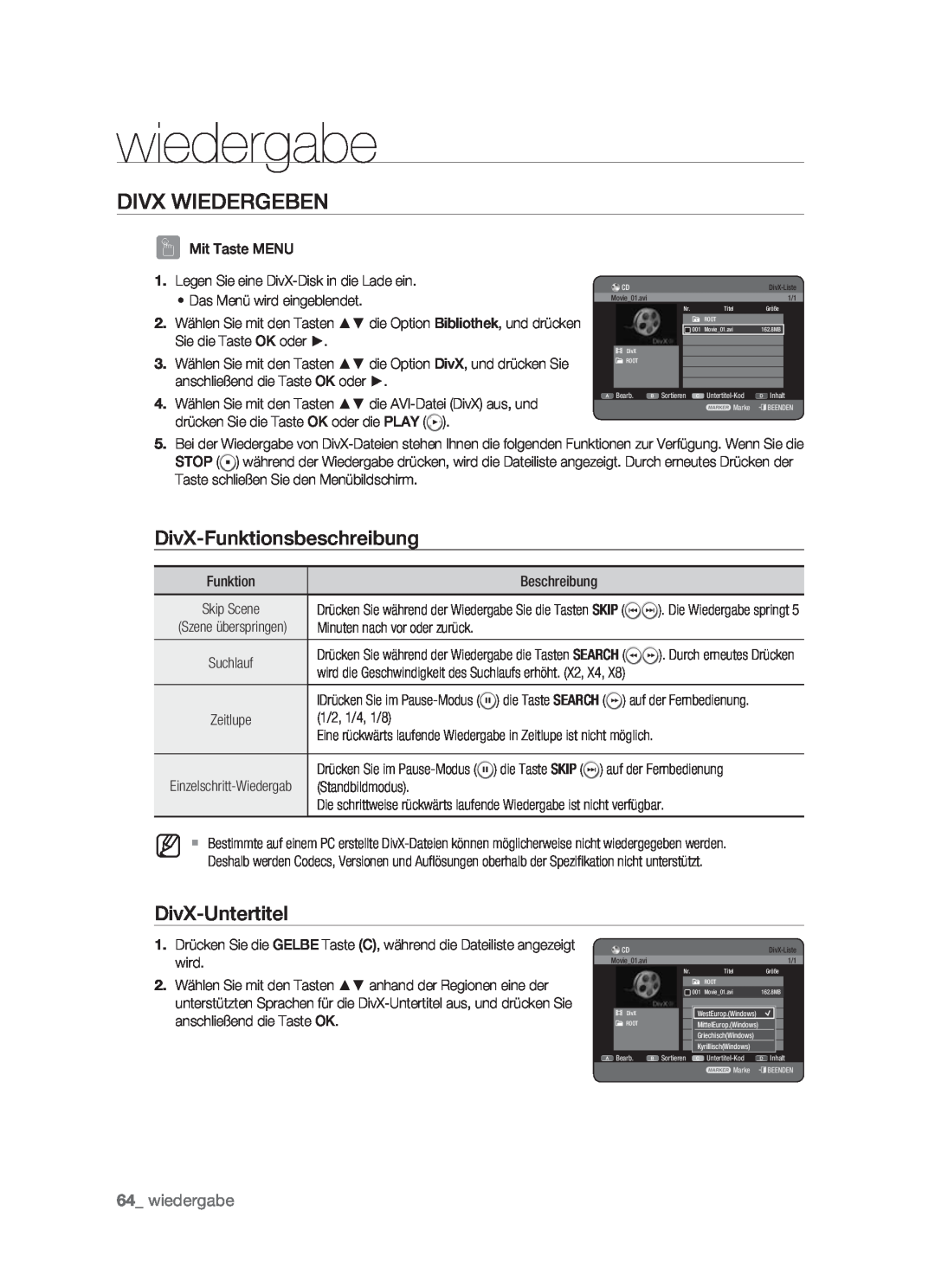 Samsung DVD-HR773/XEN, DVD-HR773/XEB manual Divx Wiedergeben, DivX-Funktionsbeschreibung, DivX-Untertitel, wiedergabe 