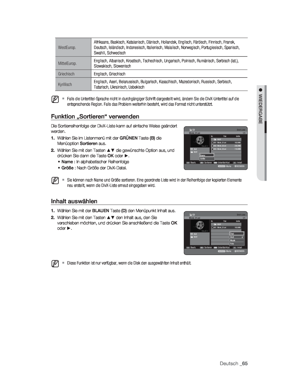 Samsung DVD-HR773/XEB, DVD-HR773/XEN, DVD-HR773/XEG Funktion „Sortieren“ verwenden, Inhalt auswählen, Deutsch, Movie01.avi 