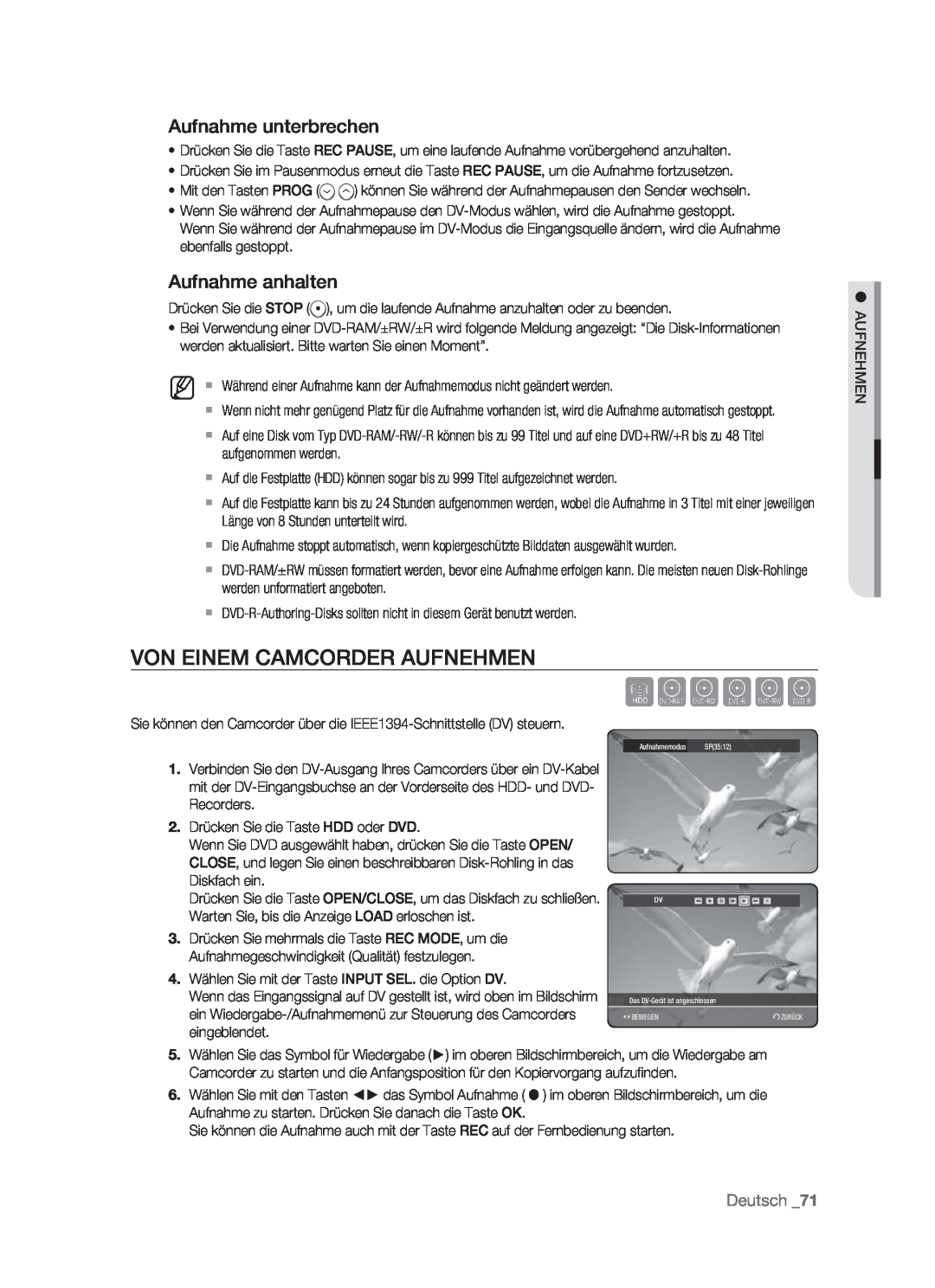 Samsung DVD-HR773/AUS manual Von Einem Camcorder Aufnehmen, Aufnahme unterbrechen, Aufnahme anhalten, Sxcvkl, Deutsch 