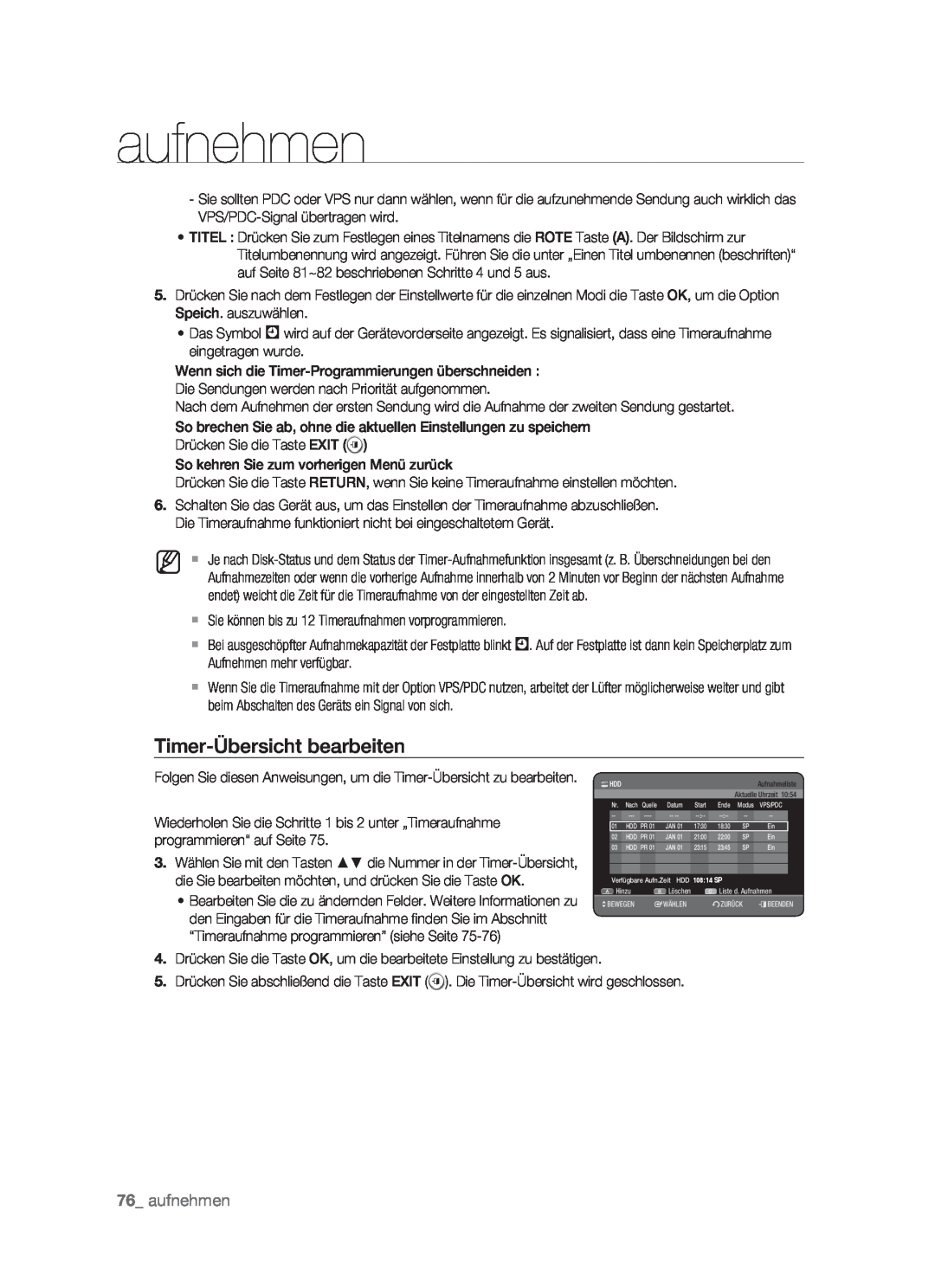 Samsung DVD-HR773/XEN, DVD-HR773/XEB, DVD-HR773/XEG, DVD-HR773/AUS manual Timer-Übersicht bearbeiten, aufnehmen 