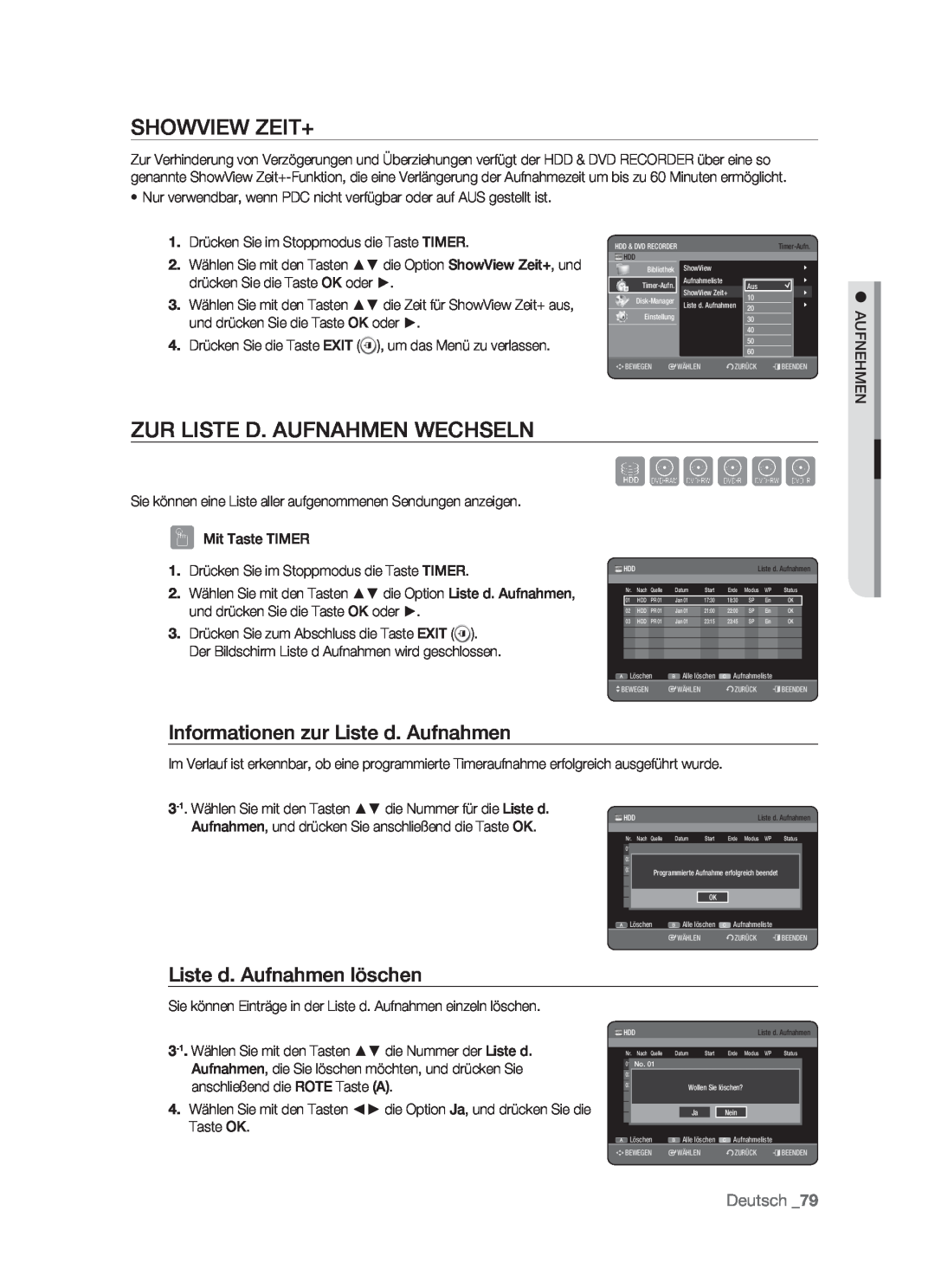 Samsung DVD-HR773/AUS manual Showview Zeit+, Zur Liste D. Aufnahmen Wechseln, Informationen zur Liste d. Aufnahmen, Sxcvkl 
