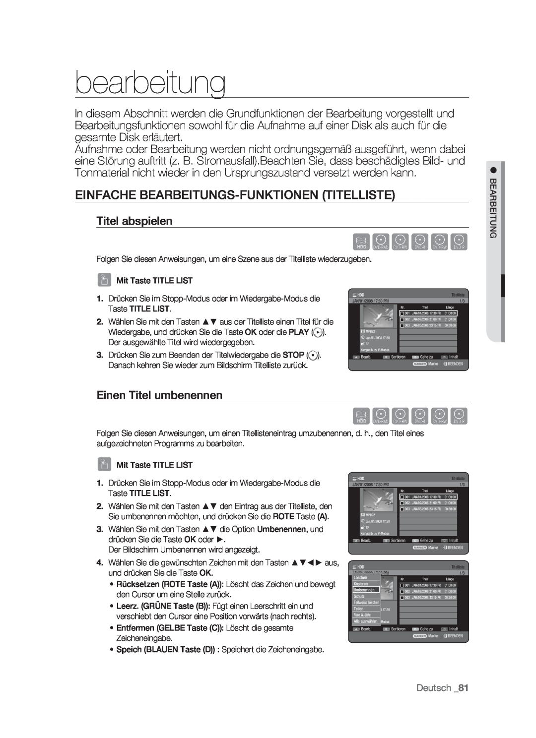 Samsung DVD-HR773/XEB bearbeitung, Einfache Bearbeitungs-Funktionen Titelliste, Titel abspielen, Einen Titel umbenennen 