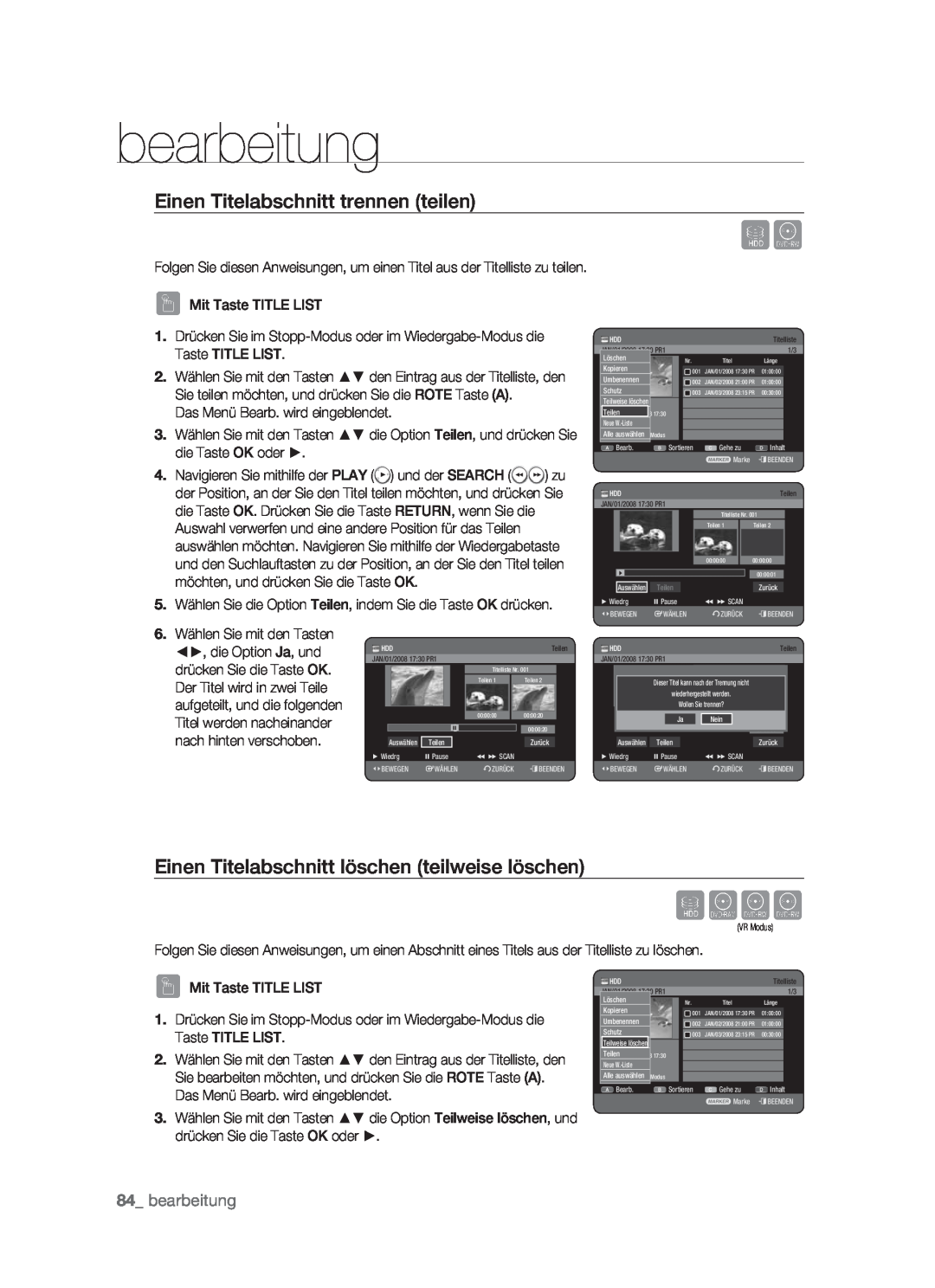 Samsung DVD-HR773/XEN manual Sxck, Einen Titelabschnitt trennen teilen, Einen Titelabschnitt löschen teilweise löschen 