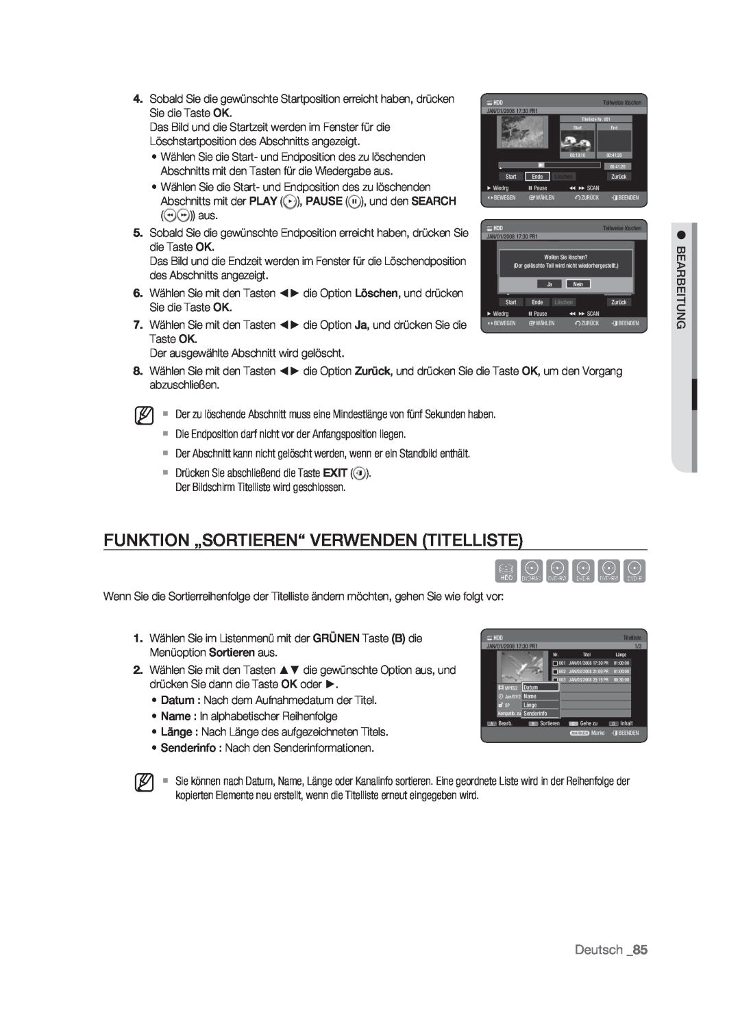 Samsung DVD-HR773/XEB, DVD-HR773/XEN, DVD-HR773/XEG Funktion „Sortieren“ Verwenden Titelliste, Sxcvkl, Deutsch, Löschen 