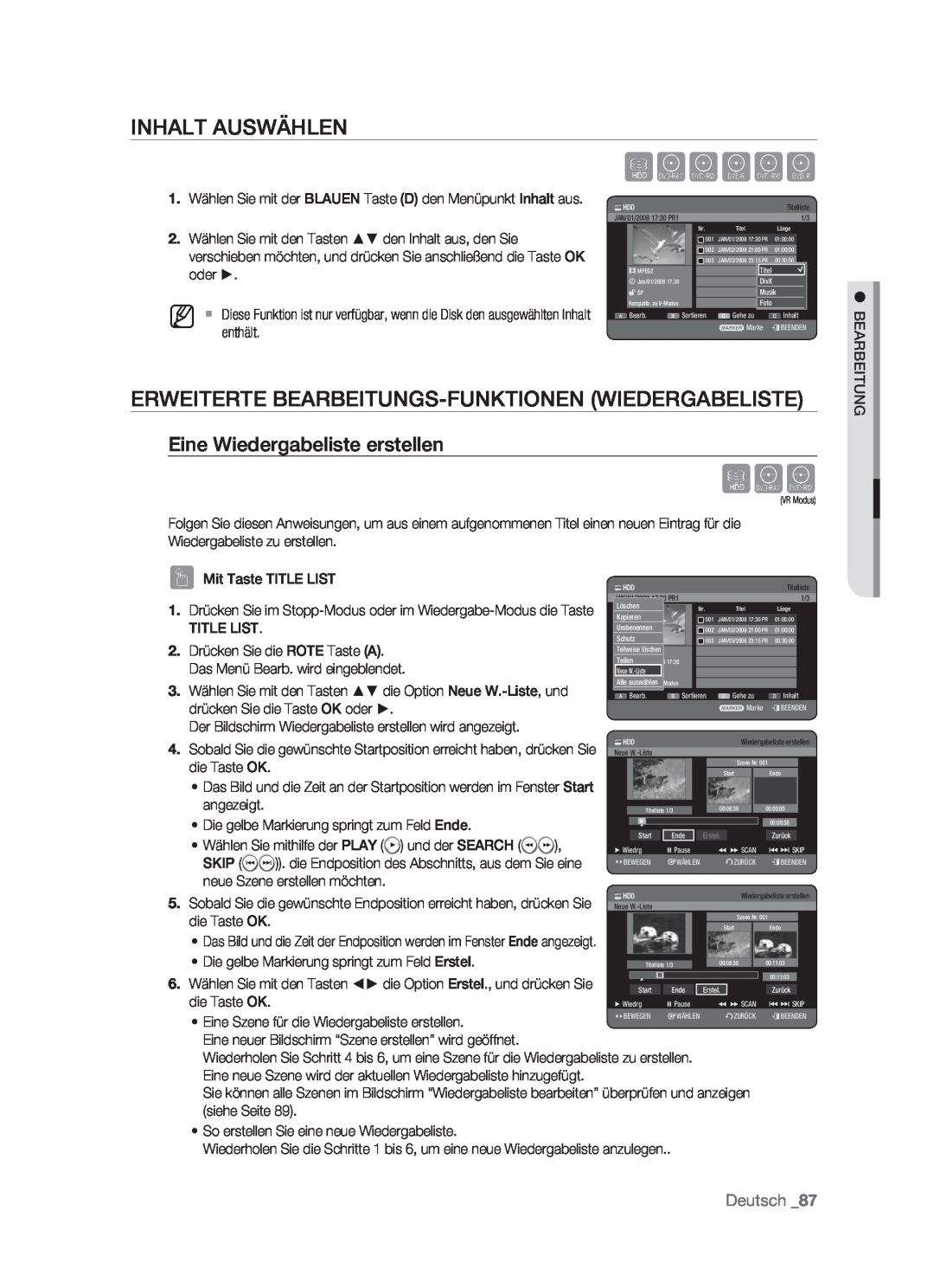 Samsung DVD-HR773/AUS Inhalt Auswählen, Erweiterte Bearbeitungs-Funktionen Wiedergabeliste, Eine Wiedergabeliste erstellen 