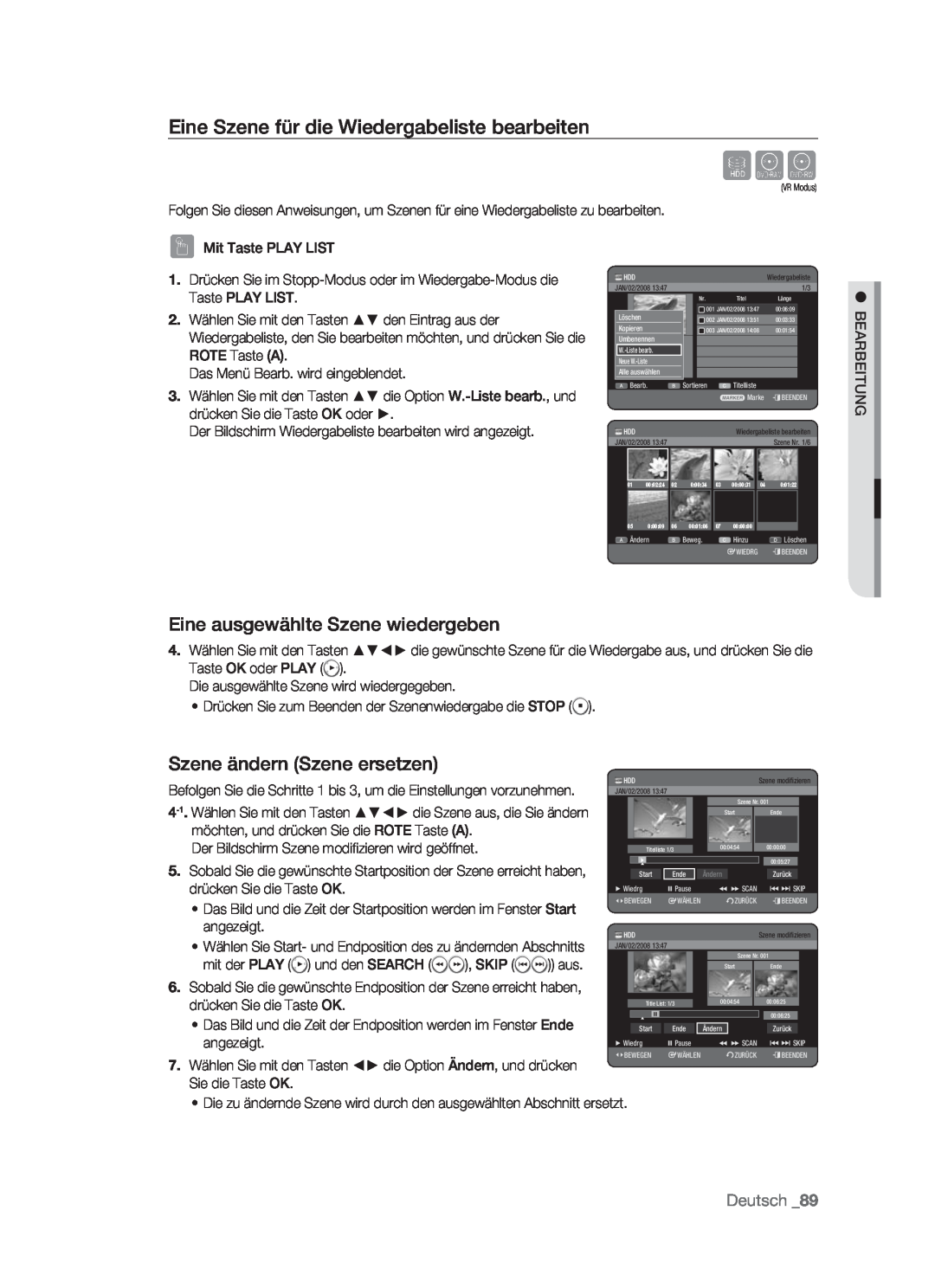 Samsung DVD-HR773/XEB manual Eine Szene für die Wiedergabeliste bearbeiten, Eine ausgewählte Szene wiedergeben, Deutsch 