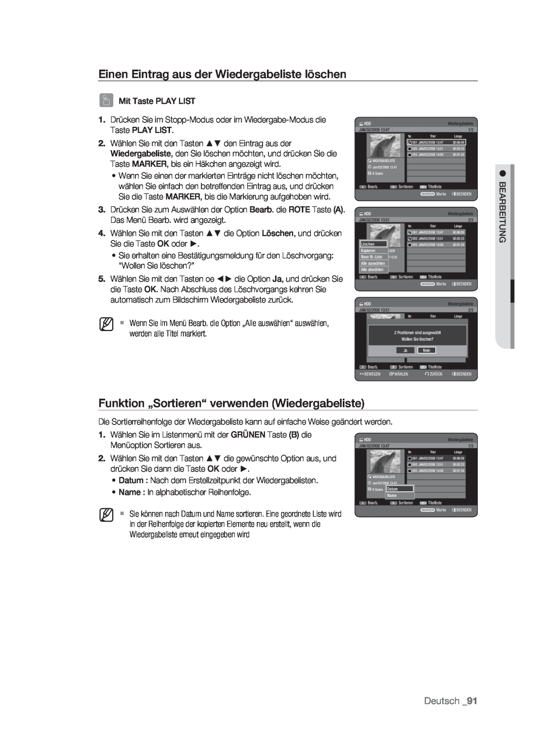 Samsung DVD-HR773/AUS manual Einen Eintrag aus der Wiedergabeliste löschen, Funktion „Sortieren“ verwenden Wiedergabeliste 